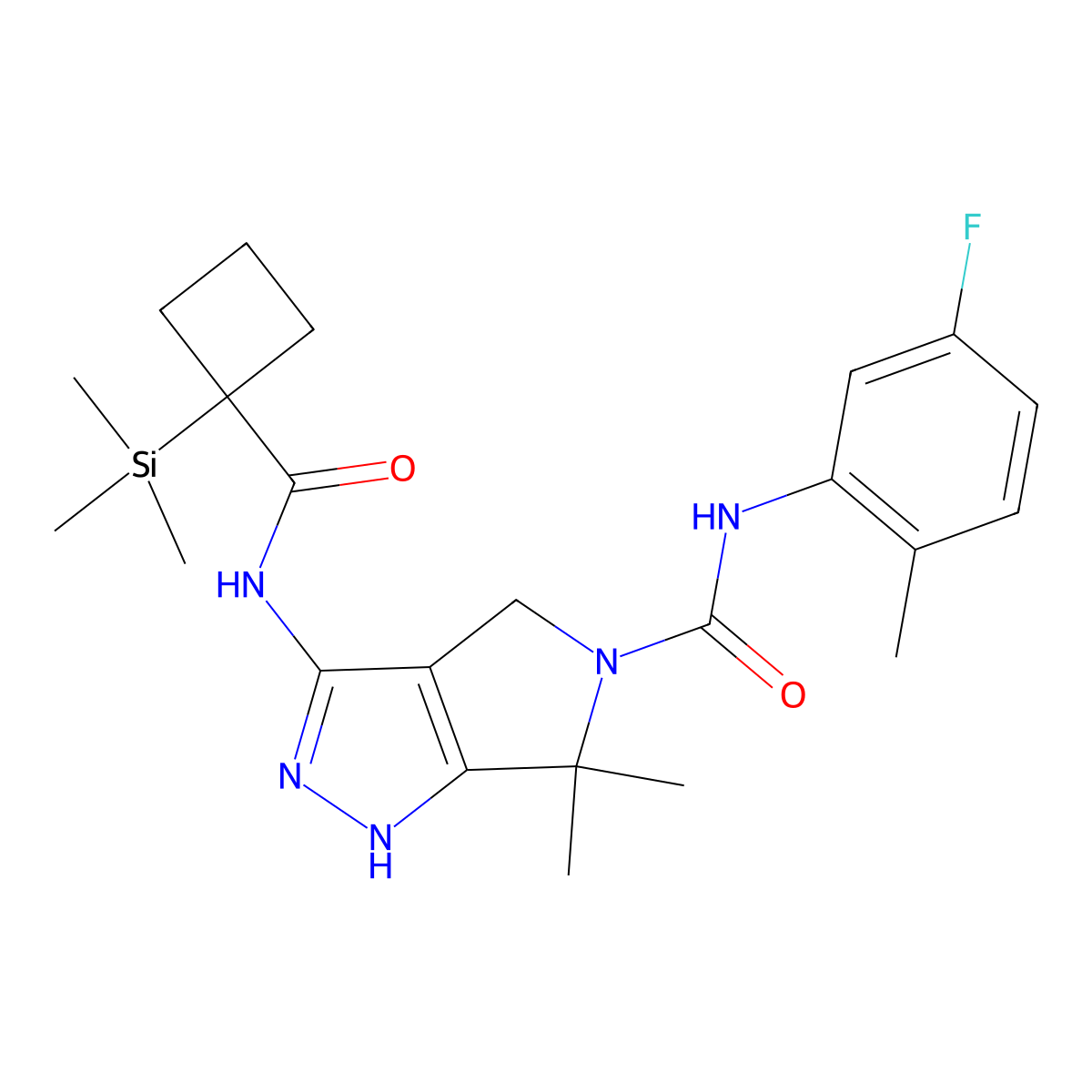 N-(5-fluoro-2-methylphenyl)-6,6-dimethyl-3-[(1-trimethylsilylcyclobutanecarbonyl)amino]-1,4-dihydropyrrolo[3,4-d]pyrazole-5-carboxamide molecular structure, CAS 2055741-39-2