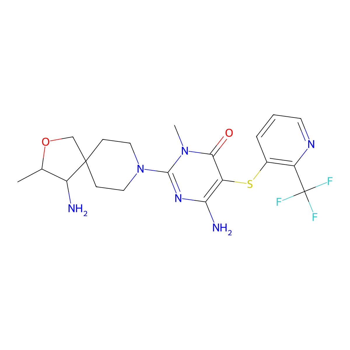 6-Amino-2-((3S,4S)-4-amino-3-methyl-2-oxa-8-azaspiro[4.5]decan-8-yl)-3-methyl-5-((2-(trifluoromethyl)pyridin-3-yl)thio)pyrimidin-4(3H)-one molecular structure, CAS 2055757-40-7