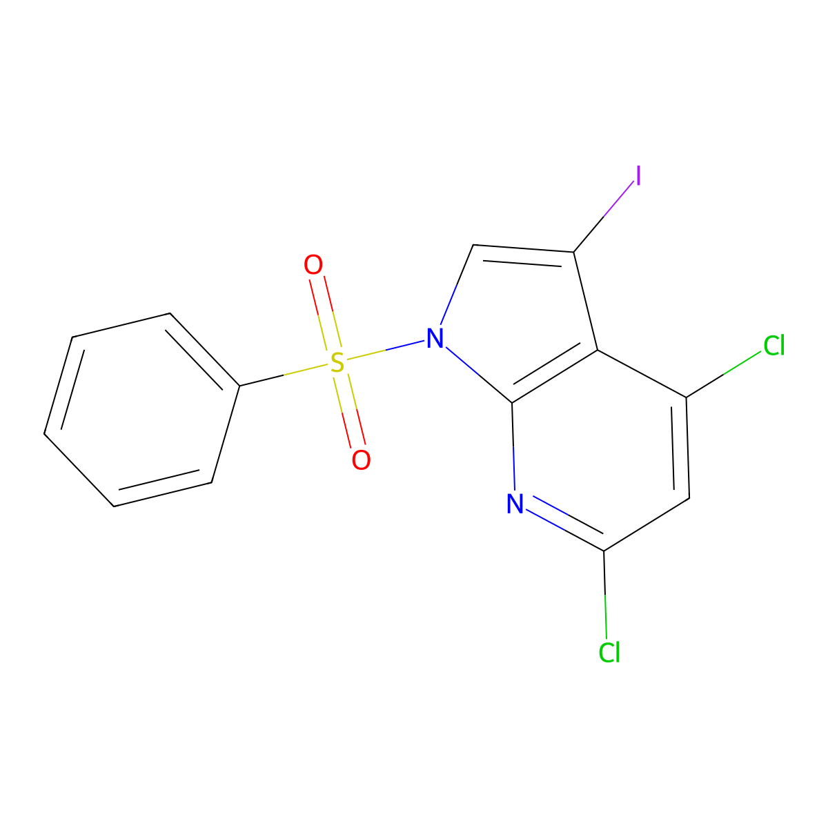 1-(benzenesulfonyl)-4,6-dichloro-3-iodo-1H-pyrrolo[2,3-b]pyridine molecular structure, CAS 2055841-50-2