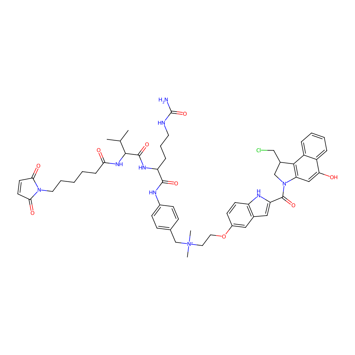 N-[6-(2,5-Dihydro-2,5-dioxo-1H-pyrrol-1-yl)-1-oxohexyl]-L-valyl-N5-(aminocarbonyl)-N-[4-[[[2-[[2-[[(1S)-1-(chloromethyl)-1,2-dihydro-5-hydroxy-3H-benz[e]indol-3-yl]carbonyl]-1H-indol-5-yl]oxy]ethyl]dimethylammonio]methyl]phenyl]-L-ornithinamide molecular structure, CAS 2055896-98-3
