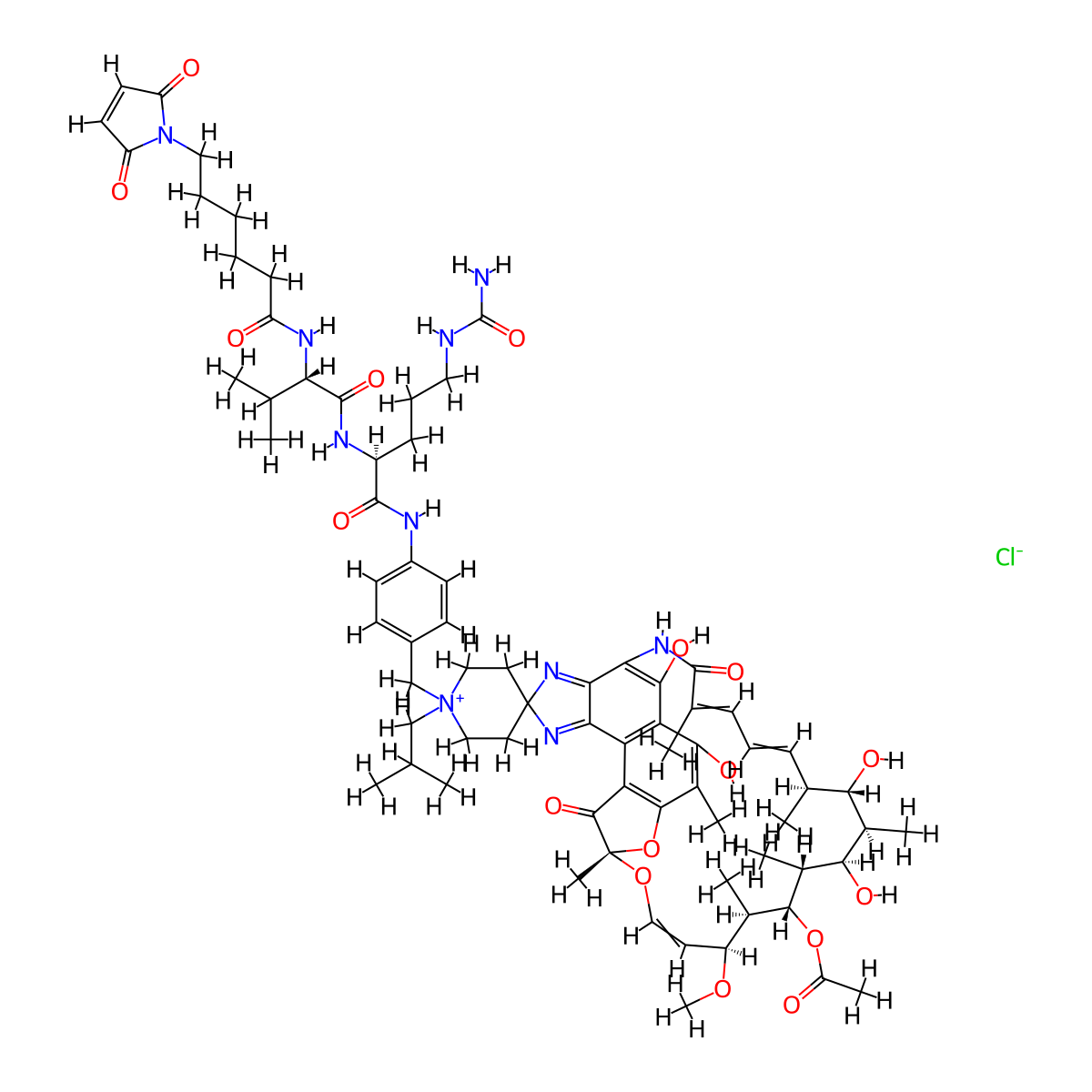 [(7S,11S,12R,13S,14R,15R,16R,17S,18S)-1'-[[4-[[(2S)-5-(carbamoylamino)-2-[[(2S)-2-[6-(2,5-dioxopyrrol-1-yl)hexanoylamino]-3-methylbutanoyl]amino]pentanoyl]amino]phenyl]methyl]-2,15,17,32-tetrahydroxy-11-methoxy-3,7,12,14,16,18,22-heptamethyl-1'-(2-methylpropyl)-6,23-dioxospiro[8,33-dioxa-24,27,29-triazapentacyclo[23.6.1.14,7.05,31.026,30]tritriaconta-1(31),2,4,9,19,21,25(32),26,29-nonaene-28,4'-piperidin-1-ium]-13-yl] acetate chloride molecular structure, CAS 2055900-34-8