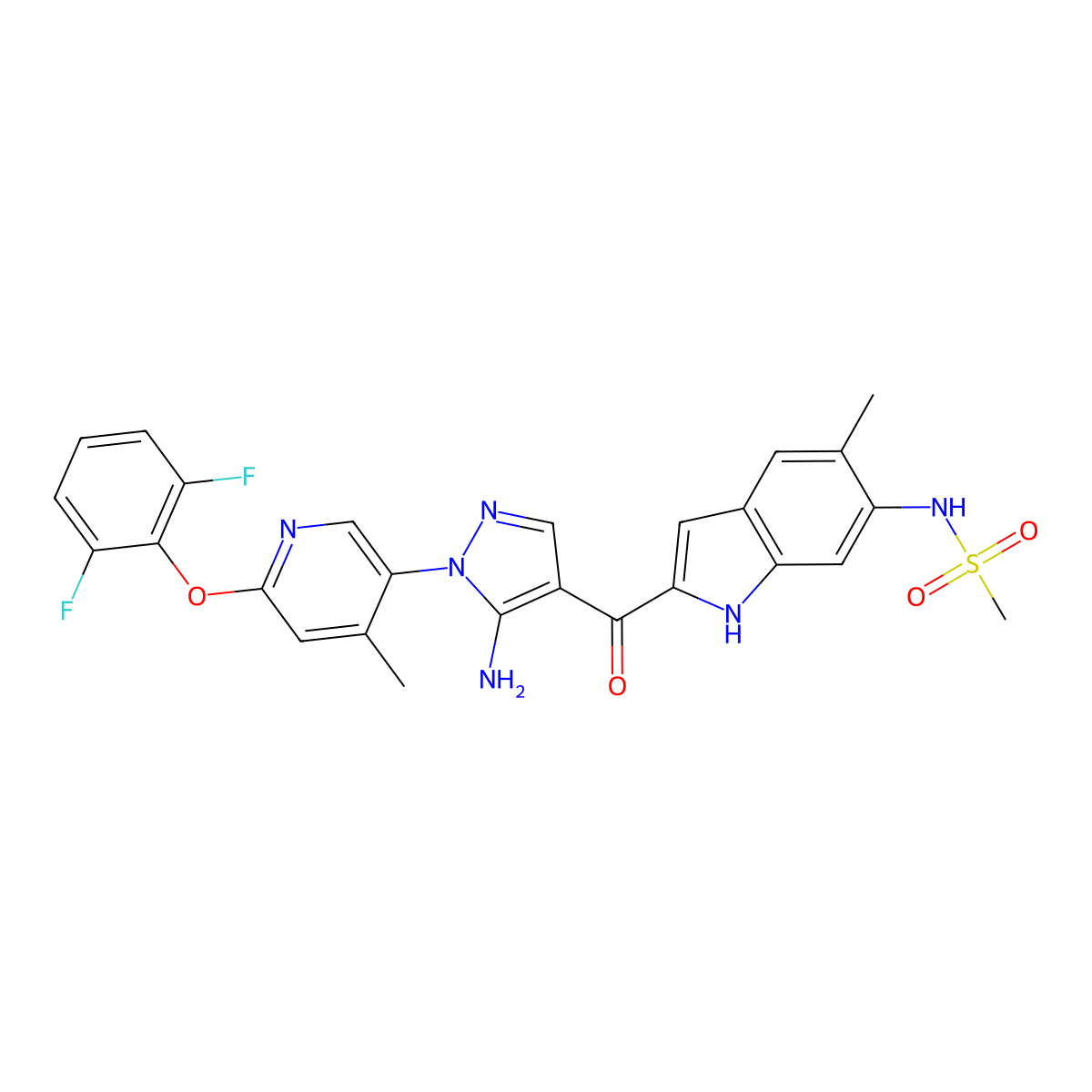 N-[2-[5-Amino-1-[6-(2,6-difluorophenoxy)-4-methylpyridin-3-yl]pyrazole-4-carbonyl]-5-methyl-1H-indol-6-yl]methanesulfonamide molecular structure, CAS 2055918-71-1