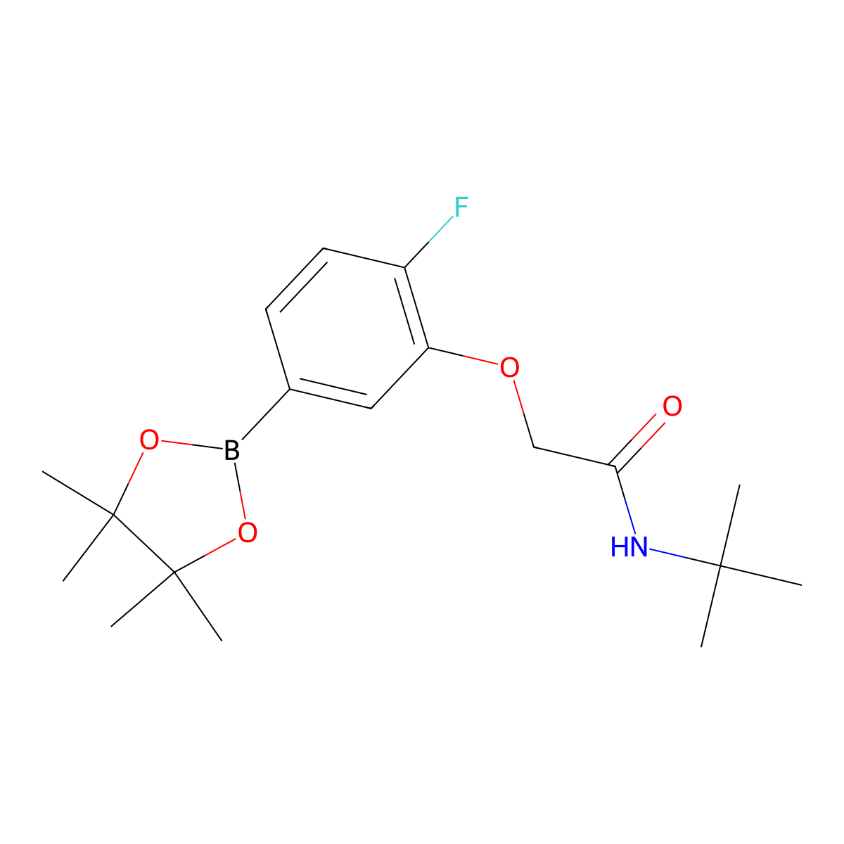 N-(tert-butyl)-2-(2-fluoro-5-(4,4,5,5-tetramethyl-1,3,2-dioxaborolan-2-yl)-phenoxy)acetamide molecular structure, CAS 2057448-98-1