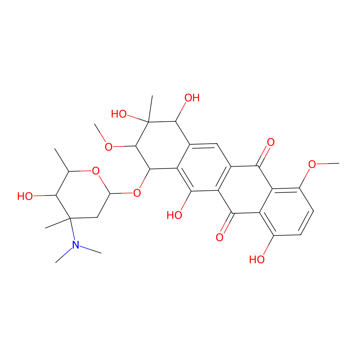 5,12-Naphthacenedione, 7,8,9,10-tetrahydro-4,6,9,10-tetrahydroxy-1,8-dimethoxy-9-methyl-7-((2,3,6-trideoxy-3-(dimethylamino)-3-C-methylhexopyranosyl)oxy)- molecular structure, CAS 205752-47-2