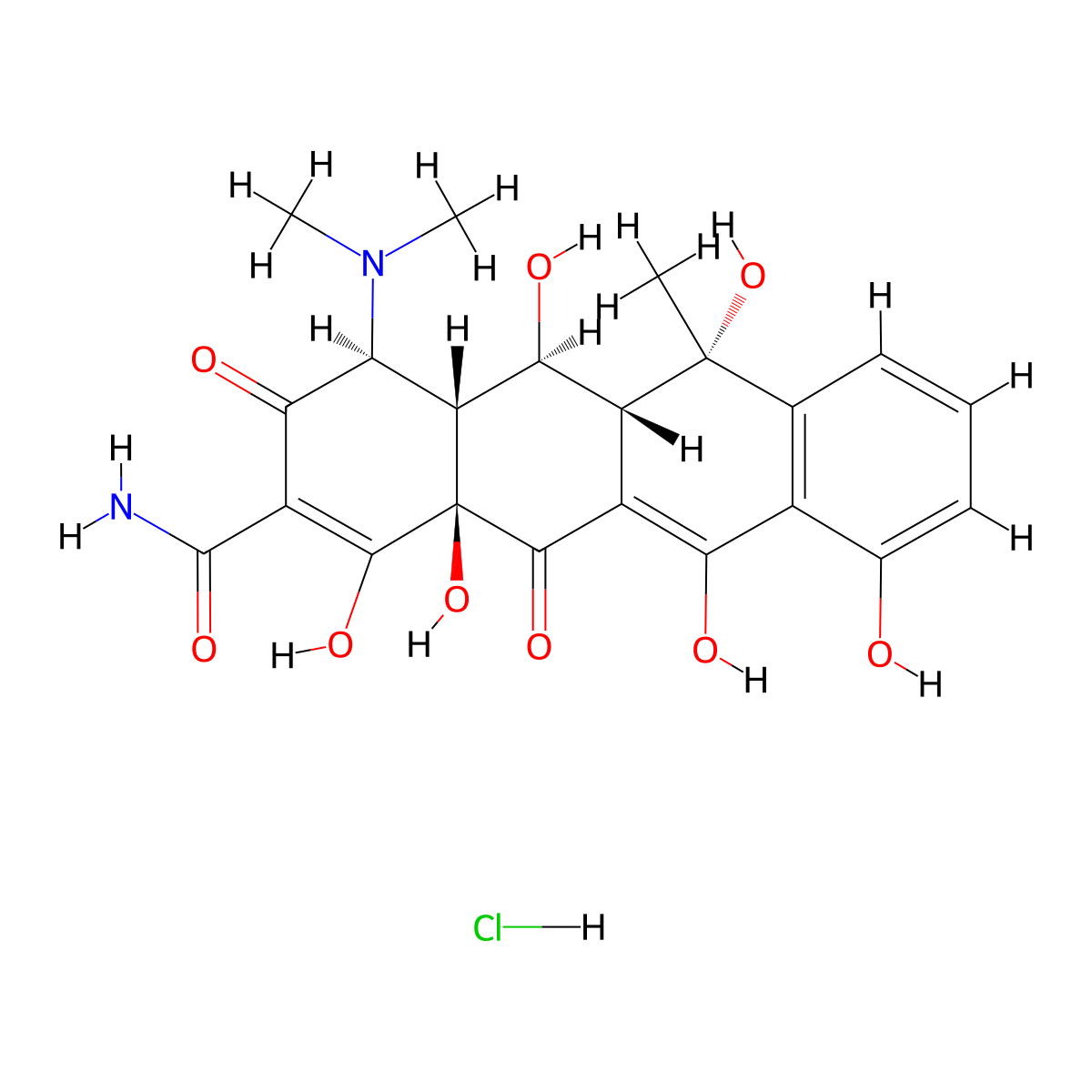 2-Naphthacenecarboxamide, 4-(dimethylamino)-1,4,4a,5,5a,6,11,12a-octahydro-3,5,6,10,12,12a-hexahydroxy-6-methyl-1,11-dioxo-, hydrochloride (1:1), (4S,4aR,5S,5aR,6S,12aS)- molecular structure, CAS 2058-46-0