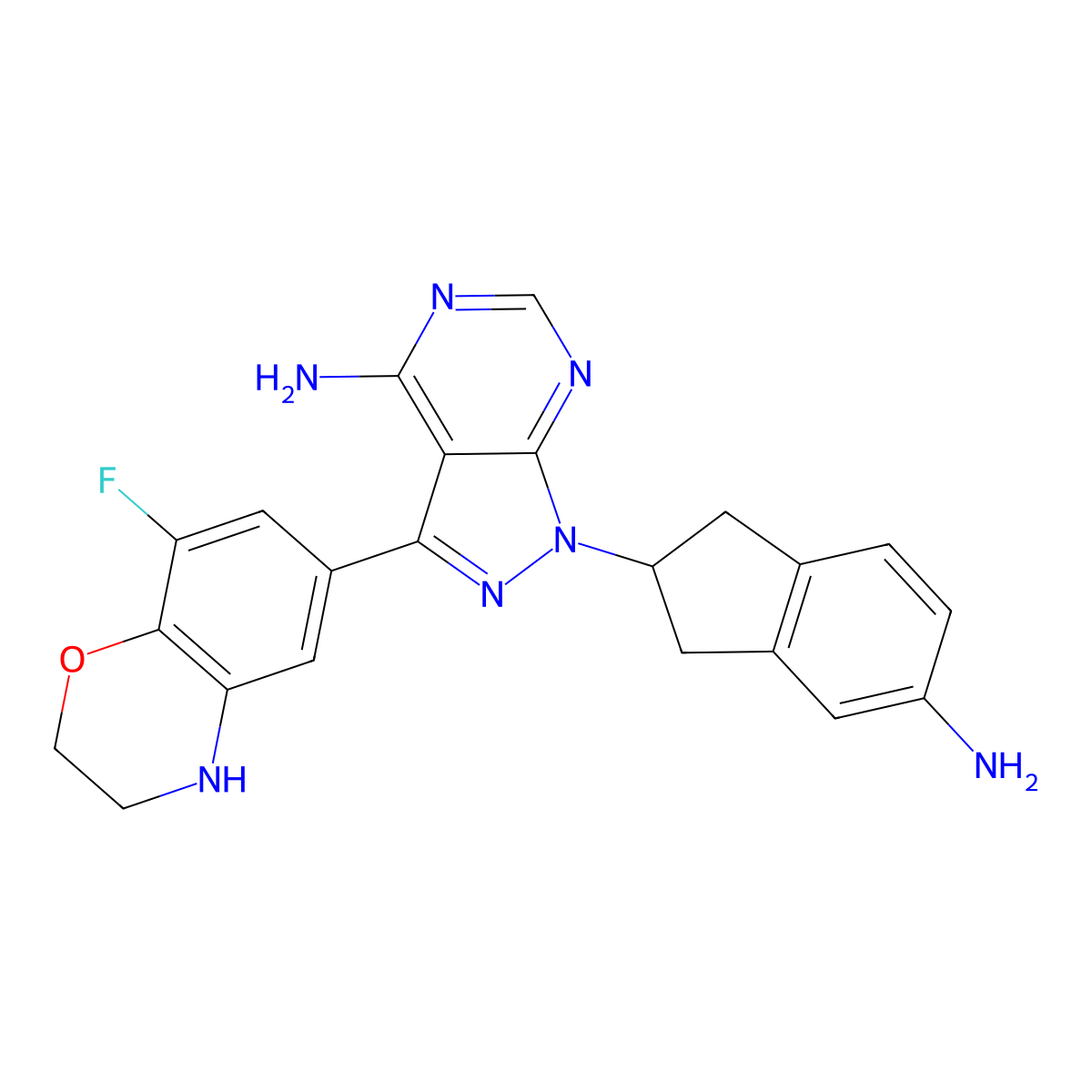 1-(5-amino-2,3-dihydro-1H-inden-2-yl)-3-(8-fluoro-3,4-dihydro-2H-1,4-benzoxazin-6-yl)pyrazolo[3,4-d]pyrimidin-4-amine molecular structure, CAS 2058116-52-0