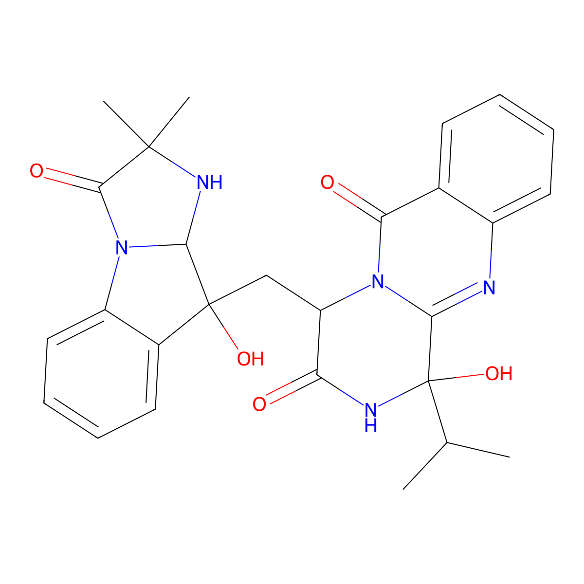 2H-Pyrazino[2,1-b]quinazoline-3,6(1H,4H)-dione, 1-hydroxy-1-(1-methylethyl)-4-[(2,3,9,9a-tetrahydro-9-hydroxy-2,2-dimethyl-3-oxo-1H-imidazo[1,2-a]indol-9-yl)methyl]- molecular structure, CAS 2058424-34-1
