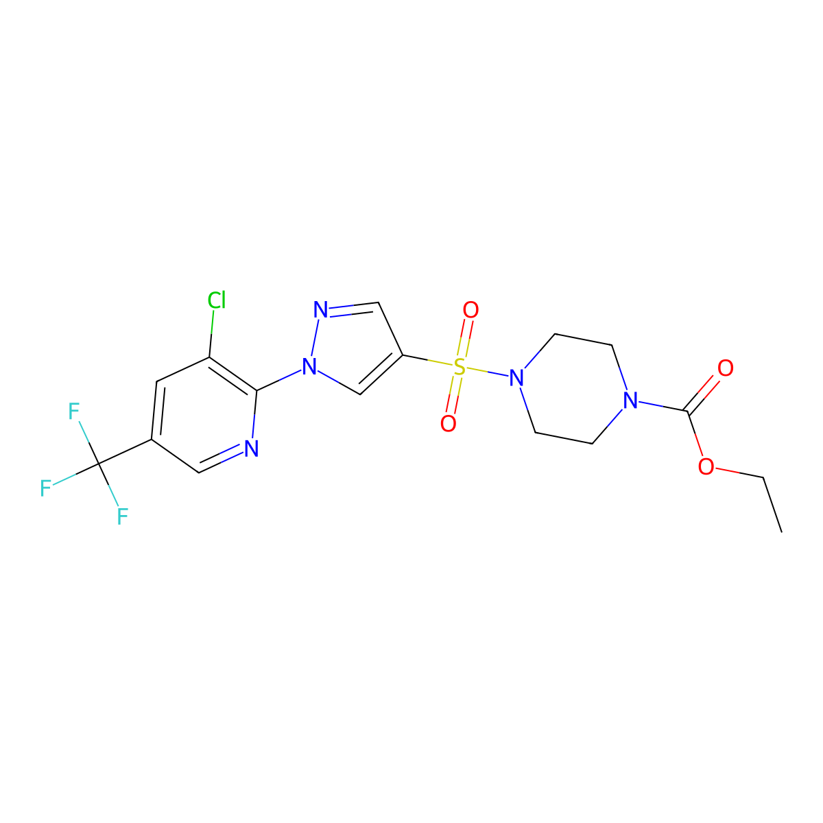 ethyl 4-({1-[3-chloro-5-(trifluoromethyl)pyridin-2-yl]-1H-pyrazol-4-yl}sulfonyl)piperazine-1-carboxylate molecular structure, CAS 2058451-49-1