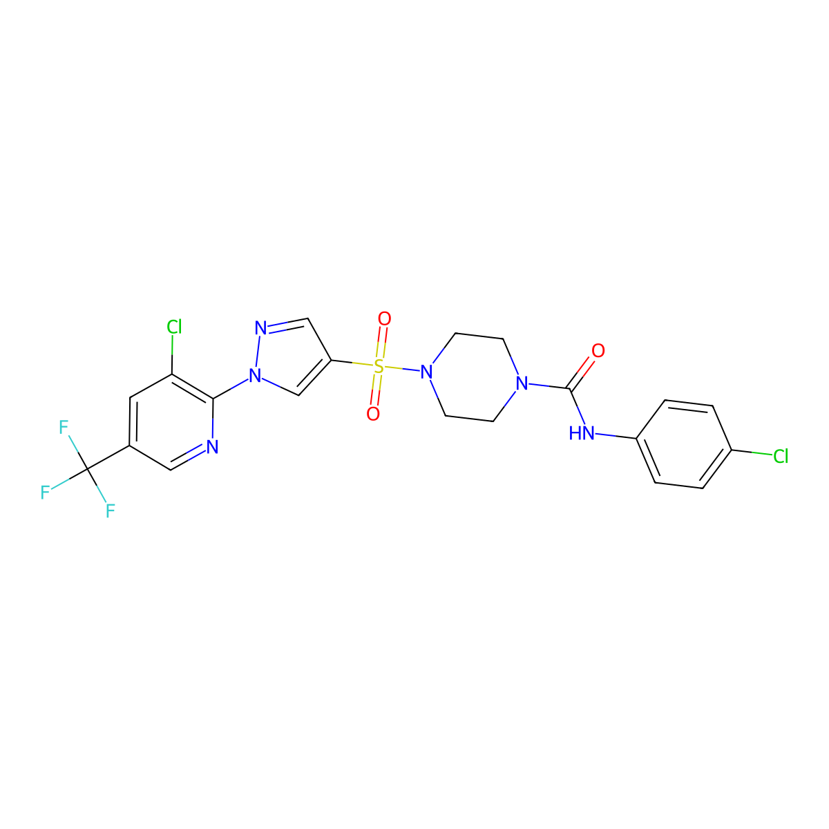 4-({1-[3-chloro-5-(trifluoromethyl)pyridin-2-yl]-1H-pyrazol-4-yl}sulfonyl)-N-(4-chlorophenyl)piperazine-1-carboxamide molecular structure, CAS 2058452-12-1