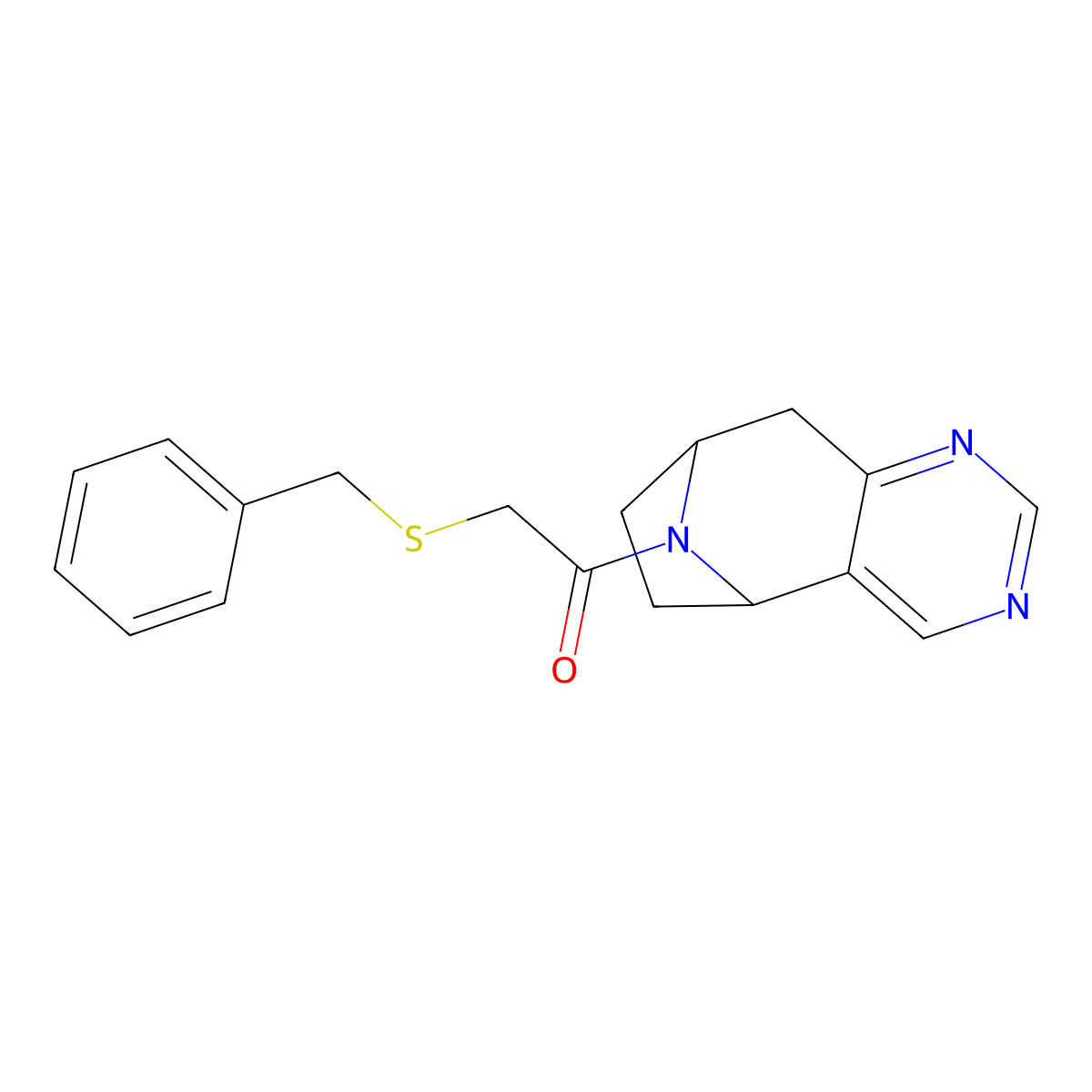2-(Benzylsulfanyl)-1-{4,6,12-triazatricyclo[7.2.1.0^{2,7}]dodeca-2(7),3,5-trien-12-yl}ethan-1-one molecular structure, CAS 2058729-84-1