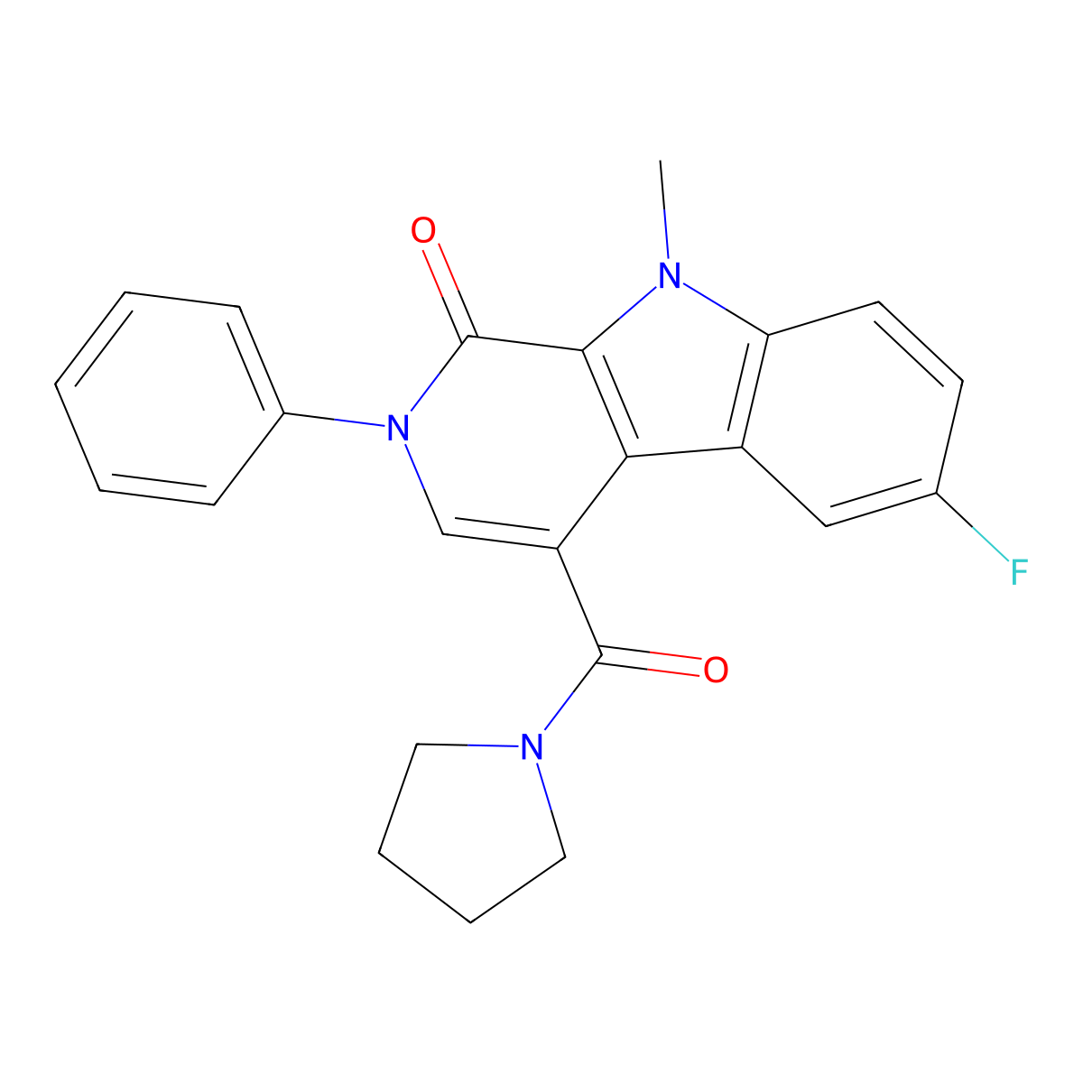 6-fluoro-9-methyl-2-phenyl-4-(pyrrolidin-1-yl-carbonyl)-2,9-dihydro-1H-pyrido(3,4-b)indol-1-one molecular structure, CAS 205881-86-3