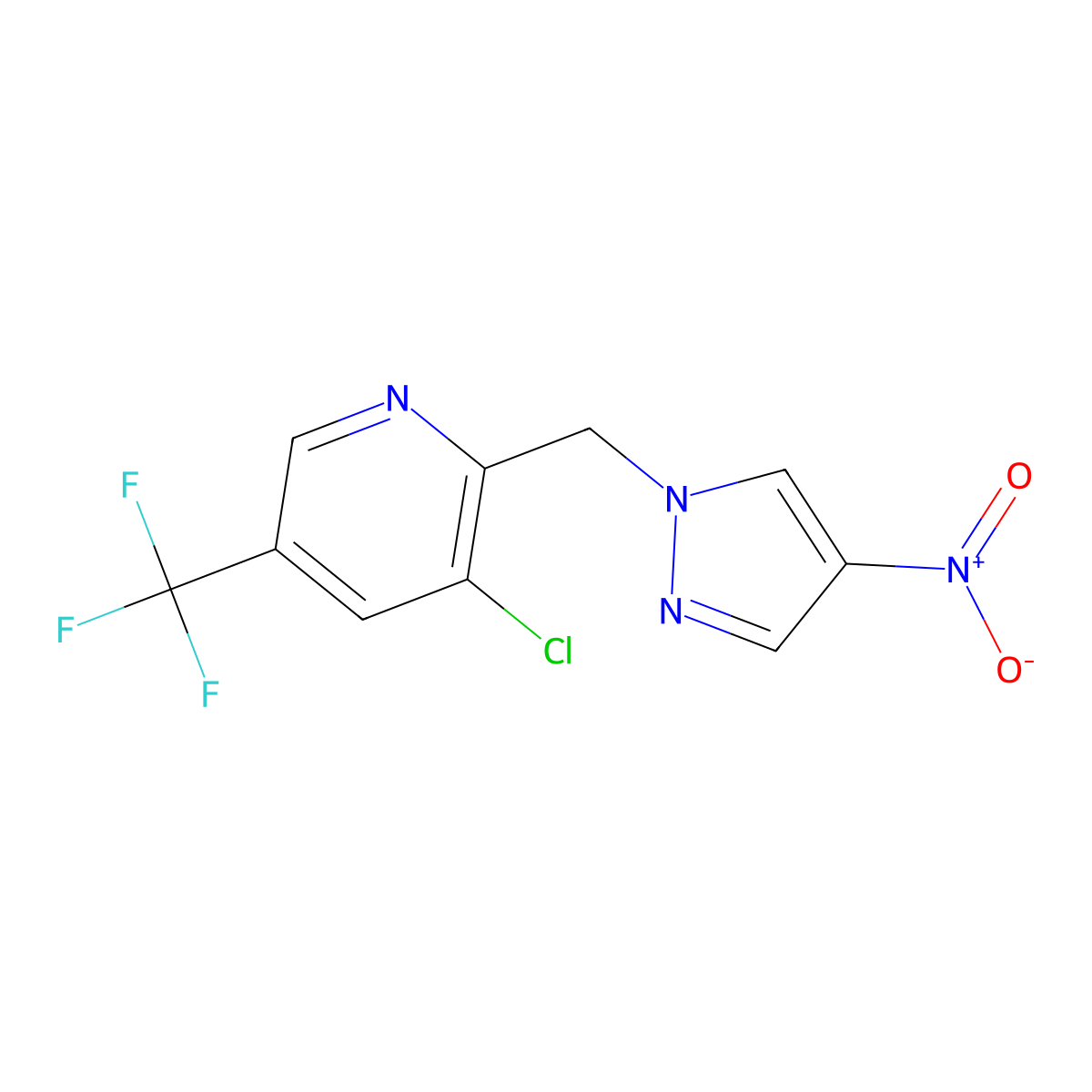 3-chloro-2-[(4-nitro-1H-pyrazol-1-yl)methyl]-5-(trifluoromethyl)pyridine molecular structure, CAS 2058814-23-4