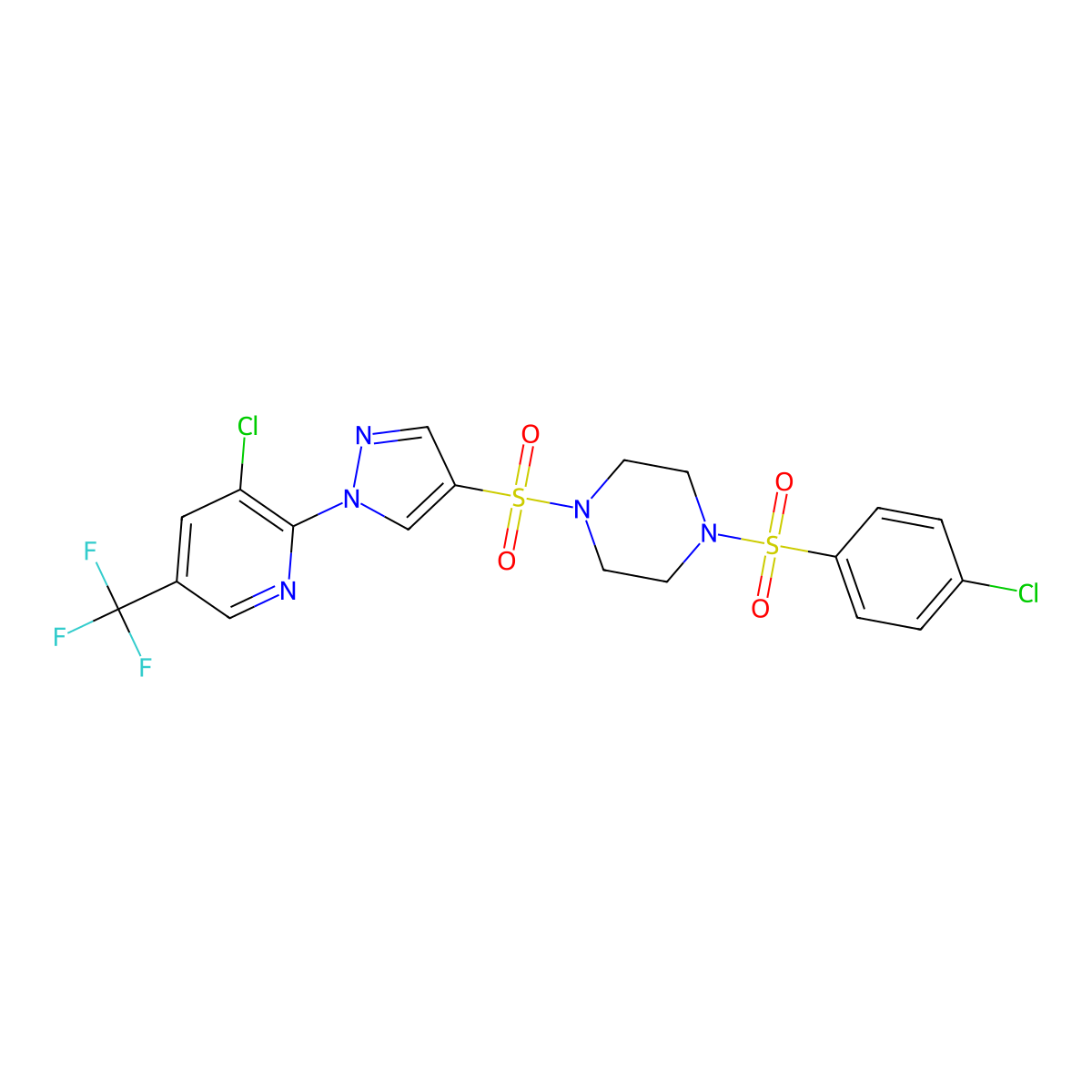 1-({1-[3-chloro-5-(trifluoromethyl)pyridin-2-yl]-1H-pyrazol-4-yl}sulfonyl)-4-(4-chlorobenzenesulfonyl)piperazine molecular structure, CAS 2058815-06-6