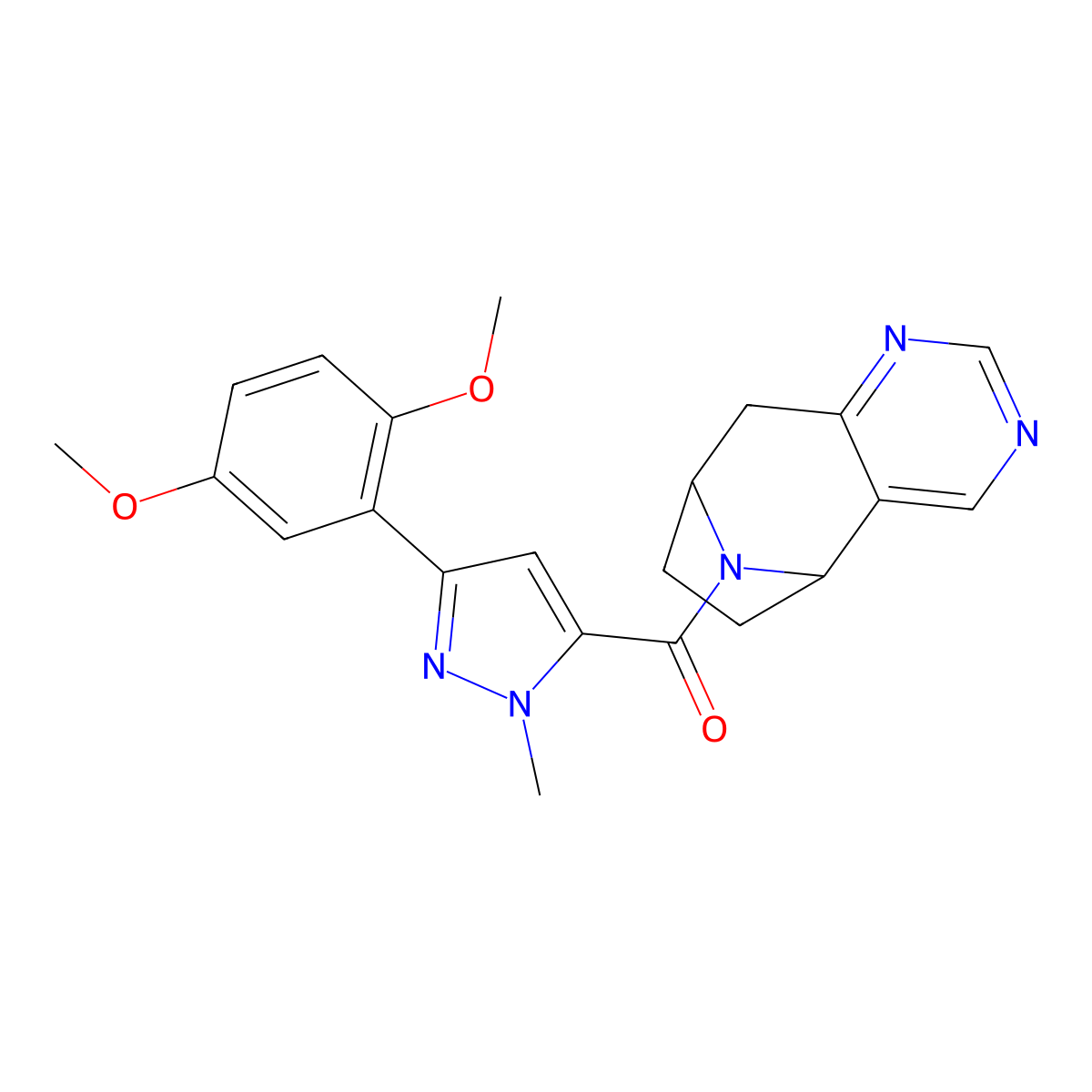 (3-(2,5-dimethoxyphenyl)-1-methyl-1H-pyrazol-5-yl)((5R,8S)-6,7,8,9-tetrahydro-5H-5,8-epiminocyclohepta[d]pyrimidin-10-yl)methanone molecular structure, CAS 2058873-14-4