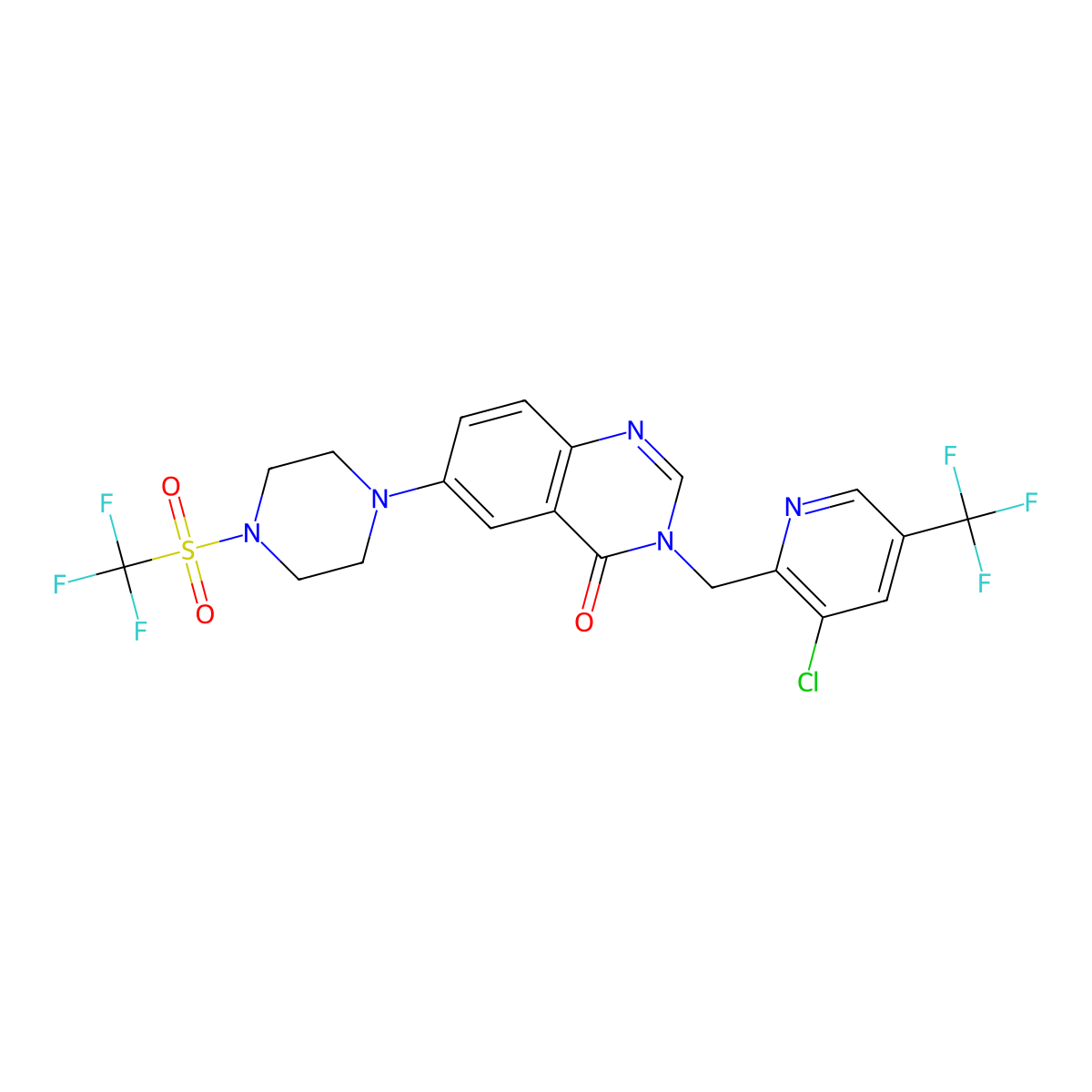3-{[3-Chloro-5-(trifluoromethyl)pyridin-2-yl]methyl}-6-(4-trifluoromethanesulfonylpiperazin-1-yl)-3,4-dihydroquinazolin-4-one molecular structure, CAS 2059277-40-4