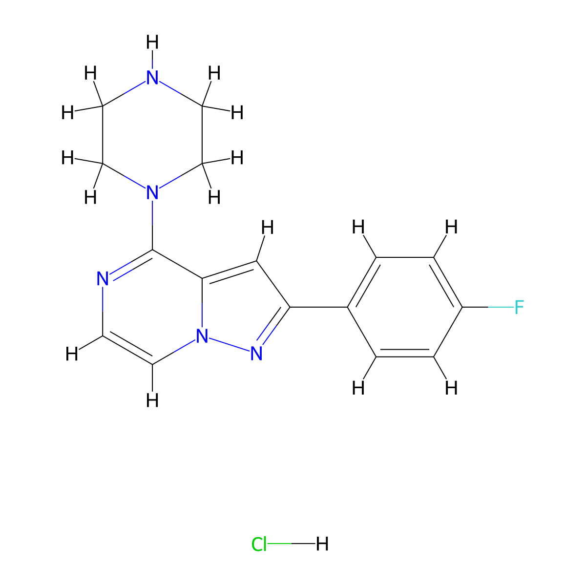 2-(4-Fluorophenyl)-4-piperazin-1-ylpyrazolo[1,5-a]pyrazine hydrochloride molecular structure, CAS 2059471-60-0