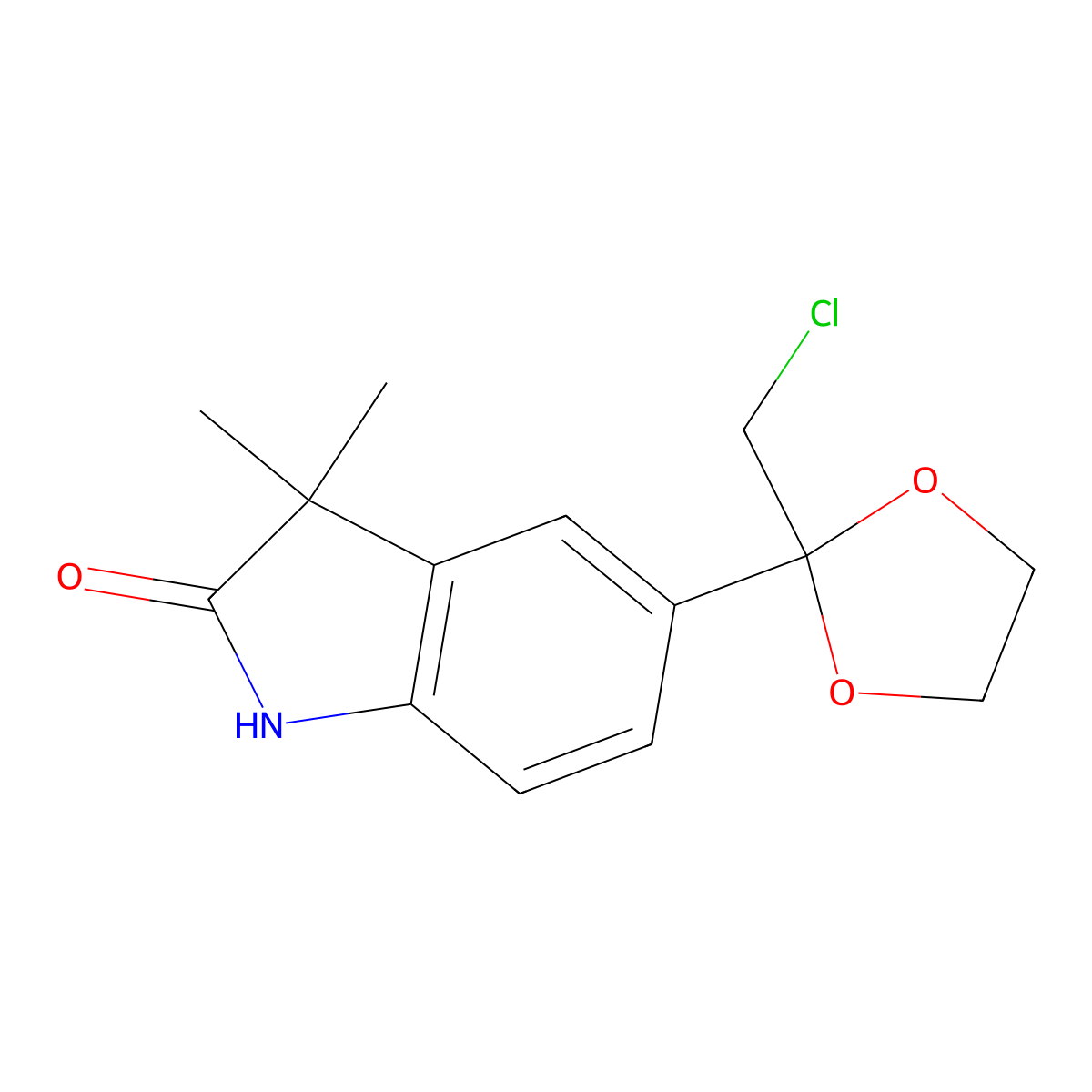 5-[2-(chloromethyl)-1,3-dioxolan-2-yl]-3,3-dimethyl-2,3-dihydro-1H-indol-2-one molecular structure, CAS 2059485-76-4
