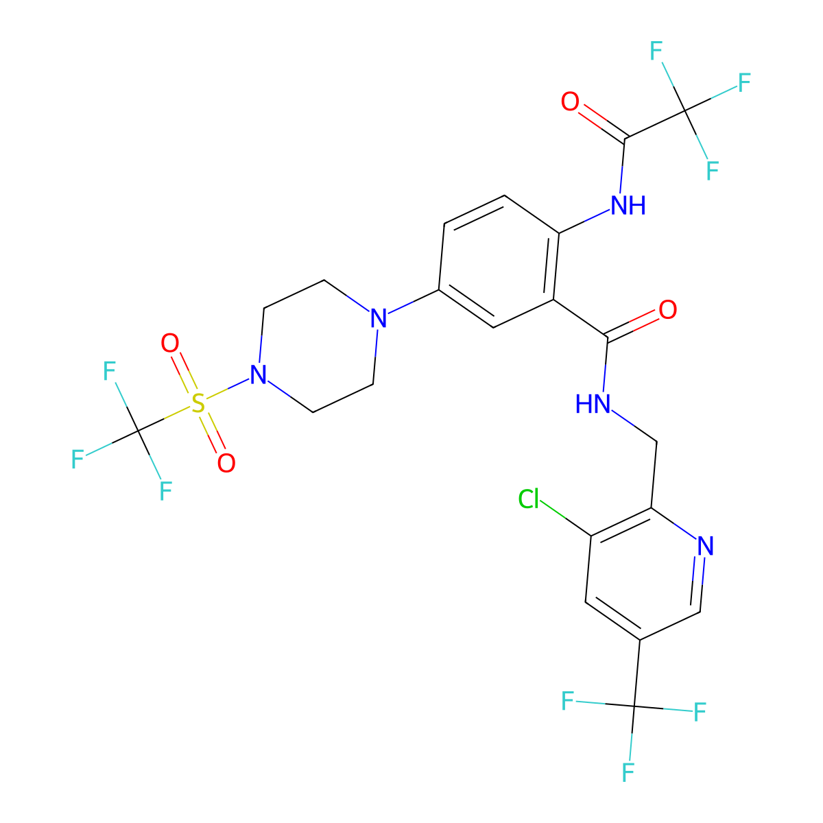 N-{[3-chloro-5-(trifluoromethyl)pyridin-2-yl]methyl}-2-(2,2,2-trifluoroacetamido)-5-(4-trifluoromethanesulfonylpiperazin-1-yl)benzamide molecular structure, CAS 2059494-61-8