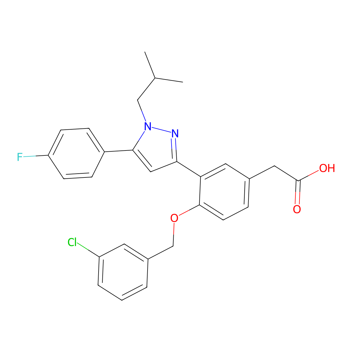 2-(4-((3-Chlorobenzyl)oxy)-3-(5-(4-fluorophenyl)-1-isobutyl-1H-pyrazol-3-yl)phenyl)acetic acid molecular structure, CAS 2059592-51-5