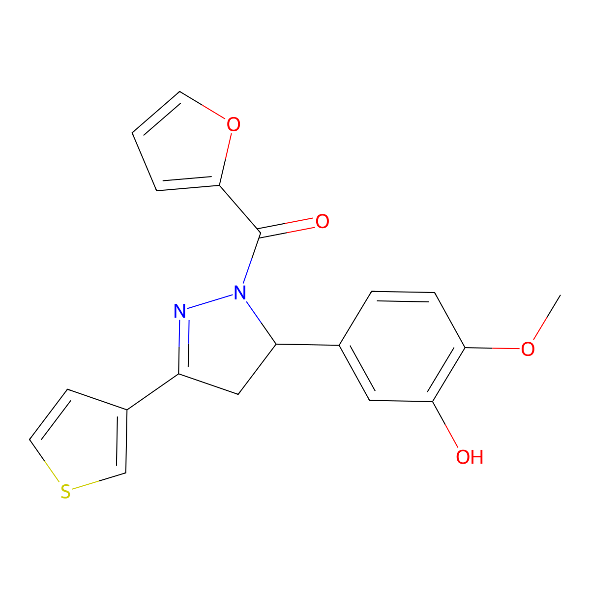 furan-2-yl(5-(3-hydroxy-4-methoxyphenyl)-3-(thiophen-3-yl)-4,5-dihydro-1H-pyrazol-1-yl)methanone molecular structure, CAS 2059626-25-2
