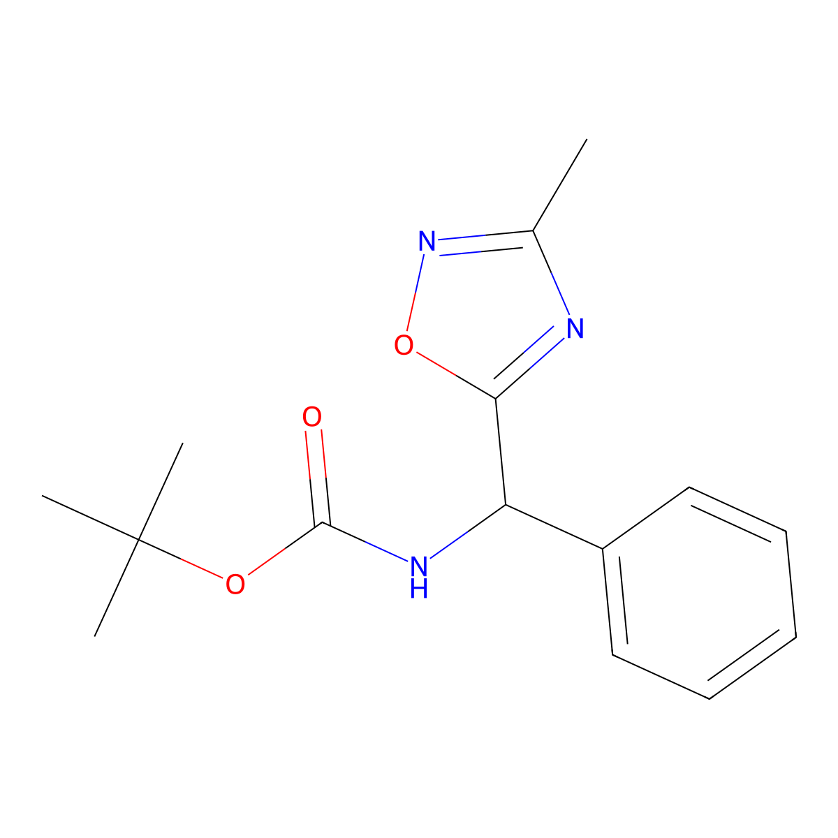 Tert-butyl [(3-methyl-1,2,4-oxadiazol-5-yl)(phenyl)methyl]carbamate molecular structure, CAS 2059770-22-6