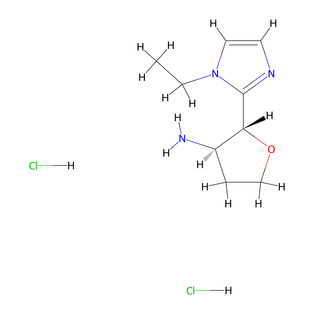 rac-(2R,3R)-2-(1-ethyl-1H-imidazol-2-yl)oxolan-3-amine dihydrochloride, trans molecular structure, CAS 2059908-19-7