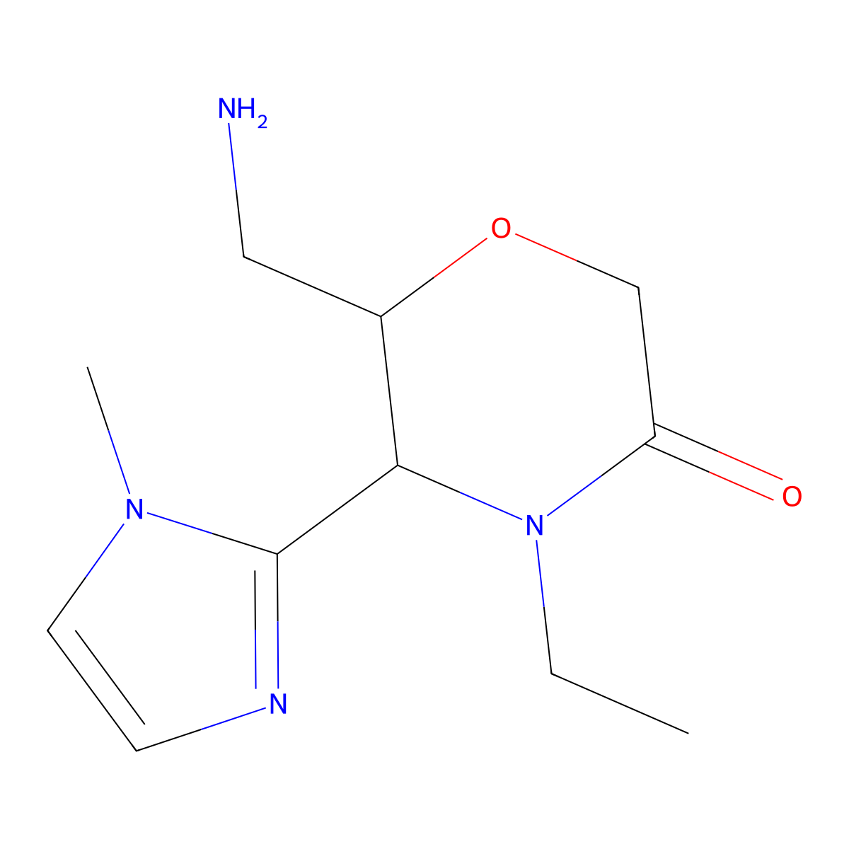rac-(5R,6R)-6-(aminomethyl)-4-ethyl-5-(1-methyl-1H-imidazol-2-yl)morpholin-3-one, trans molecular structure, CAS 2059908-25-5