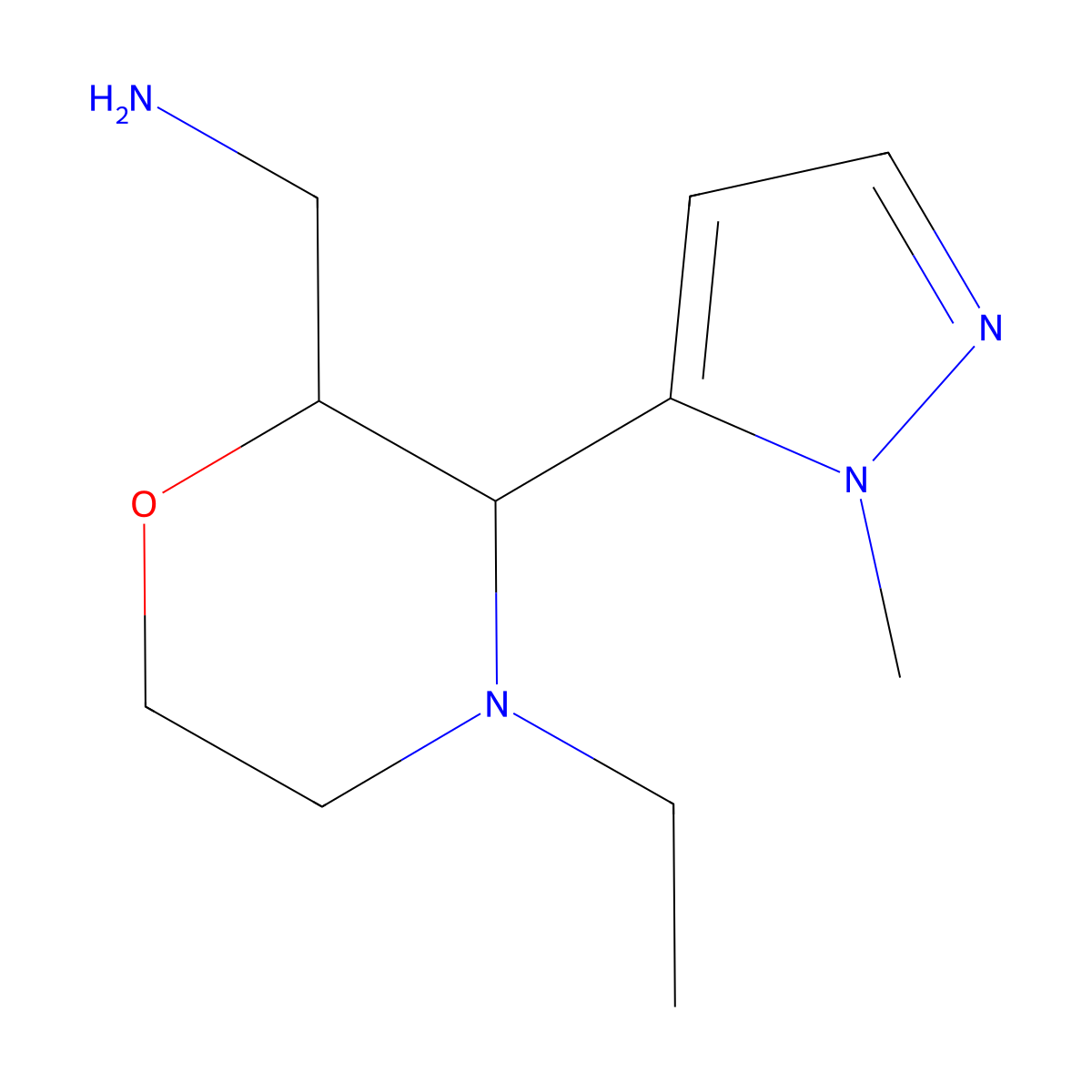 rac-[(2R,3R)-4-ethyl-3-(1-methyl-1H-pyrazol-5-yl)morpholin-2-yl]methanamine, trans molecular structure, CAS 2059908-65-3