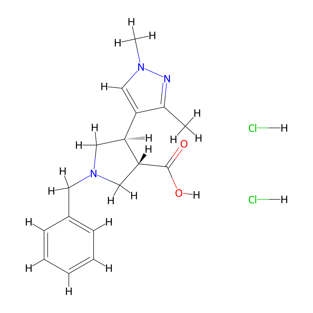 rac-(3R,4S)-1-benzyl-4-(1,3-dimethyl-1H-pyrazol-4-yl)pyrrolidine-3-carboxylic acid dihydrochloride, trans molecular structure, CAS 2059909-42-9
