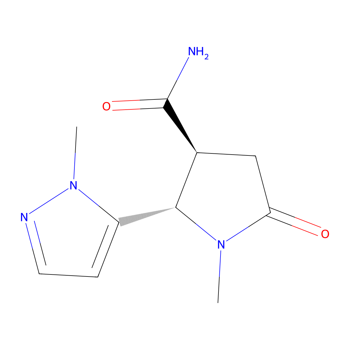 rac-(2R,3R)-1-methyl-2-(1-methyl-1H-pyrazol-5-yl)-5-oxopyrrolidine-3-carboxamide, trans molecular structure, CAS 2059911-00-9