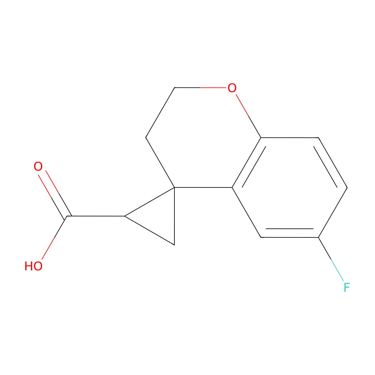 rac-(3'R,4S)-6-fluoro-2,3-dihydrospiro[1-benzopyran-4,1'-cyclopropane]-3'-carboxylic acid, trans molecular structure, CAS 2059911-08-7