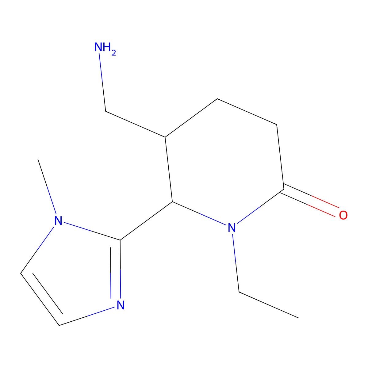 rac-(5R,6S)-5-(aminomethyl)-1-ethyl-6-(1-methyl-1H-imidazol-2-yl)piperidin-2-one, trans molecular structure, CAS 2059917-73-4