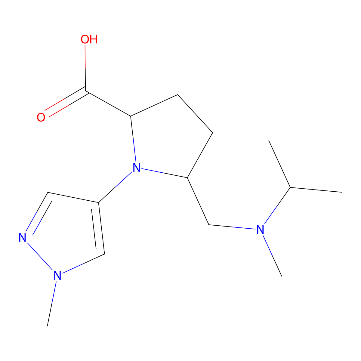5-{[methyl(propan-2-yl)amino]methyl}-1-(1-methyl-1H-pyrazol-4-yl)pyrrolidine-2-carboxylic acid molecular structure, CAS 2059926-83-7