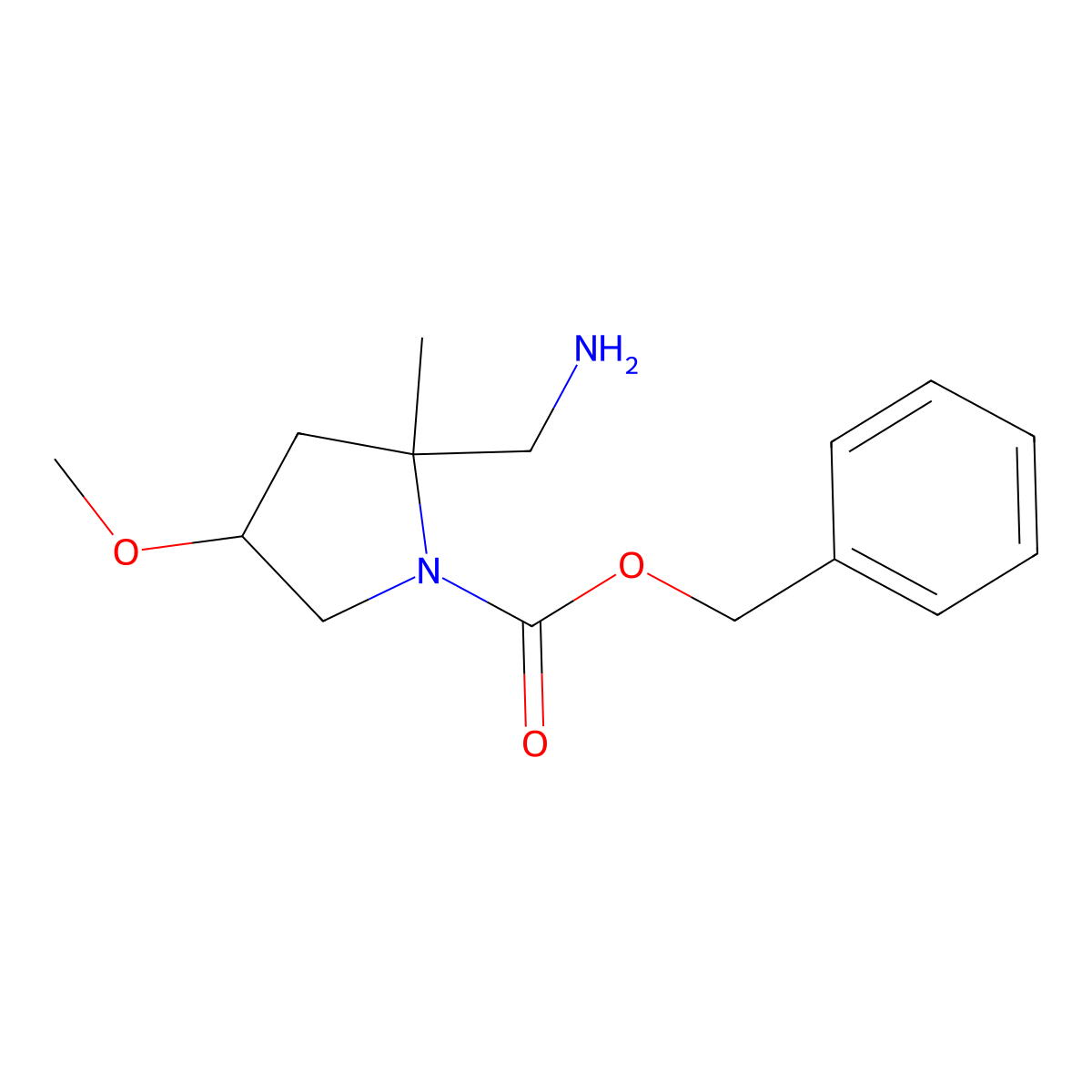Benzyl 2-(aminomethyl)-4-methoxy-2-methylpyrrolidine-1-carboxylate molecular structure, CAS 2059927-01-2