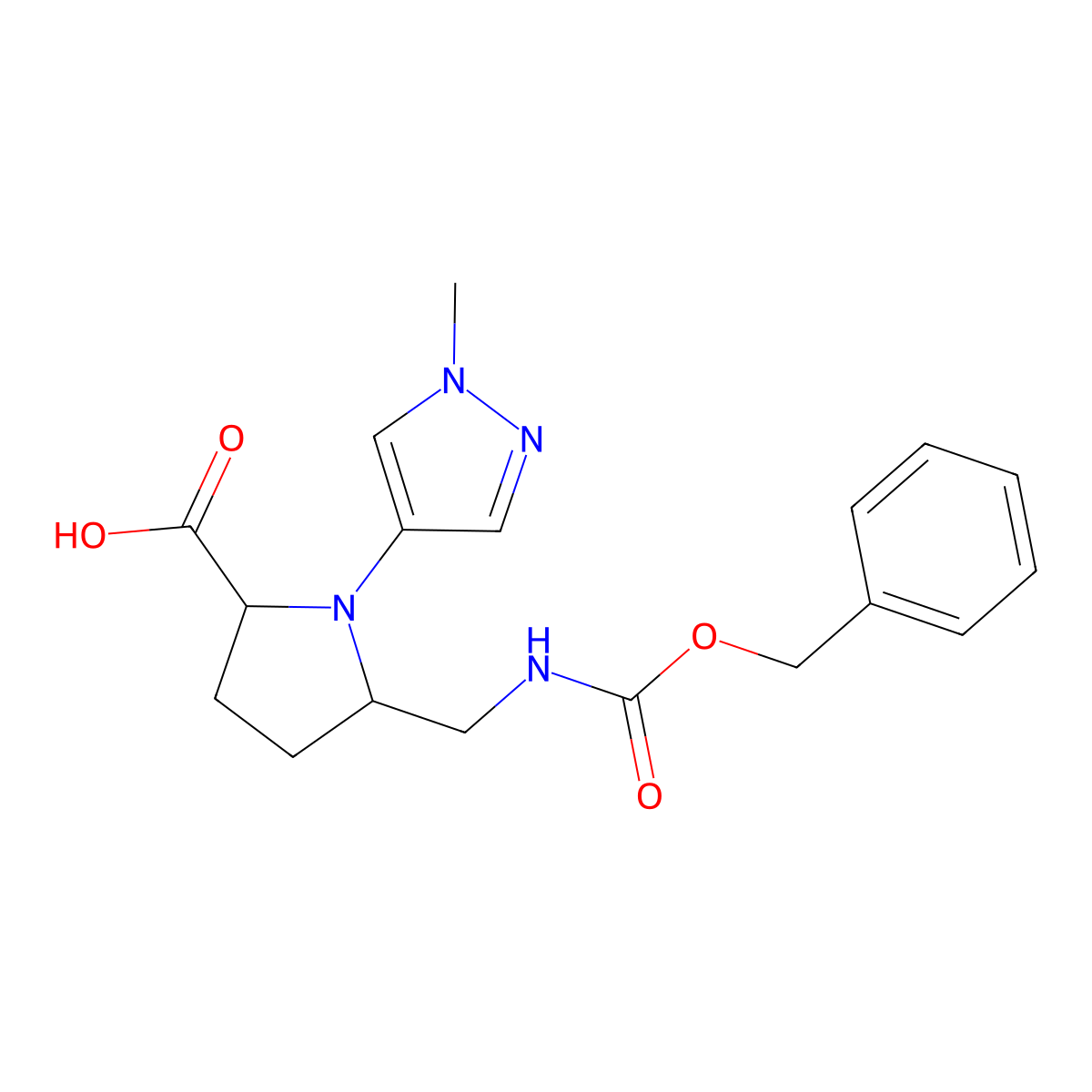 5-({[(benzyloxy)carbonyl]amino}methyl)-1-(1-methyl-1H-pyrazol-4-yl)pyrrolidine-2-carboxylic acid molecular structure, CAS 2059927-14-7