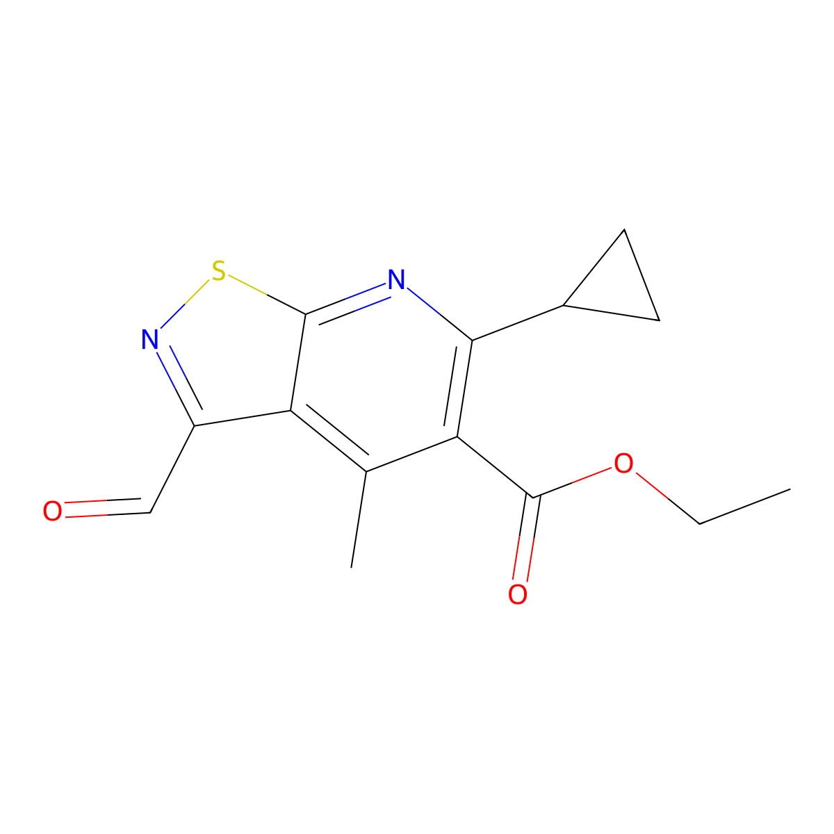 Ethyl 6-cyclopropyl-3-formyl-4-methyl-[1,2]thiazolo[5,4-b]pyridine-5-carboxylate molecular structure, CAS 2059927-78-3