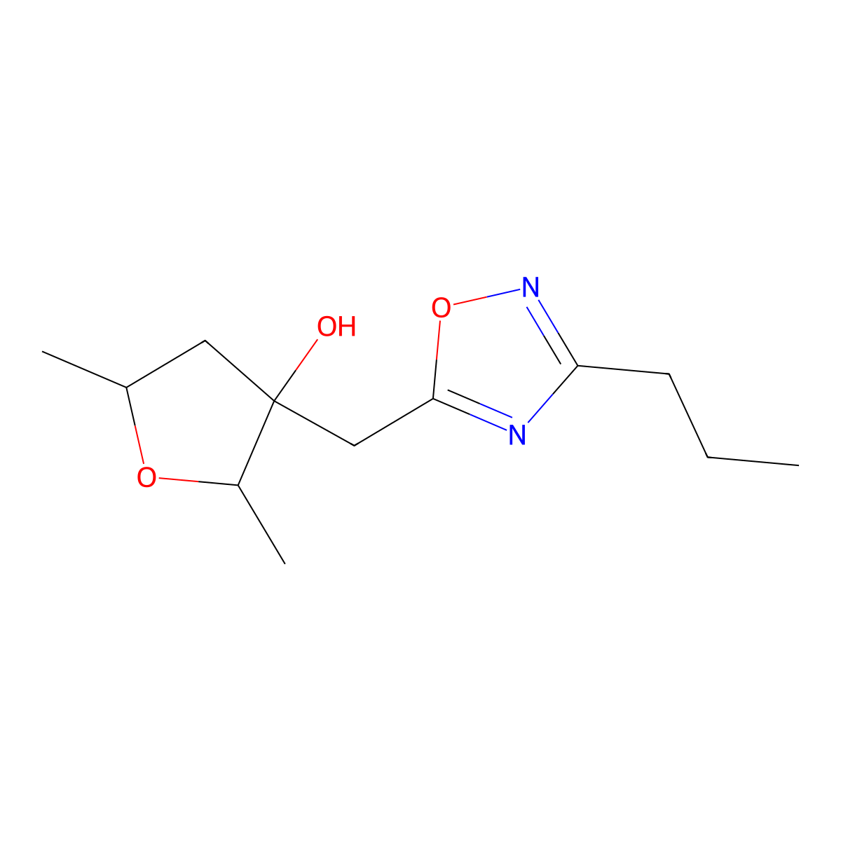 2,5-Dimethyl-3-[(3-propyl-1,2,4-oxadiazol-5-yl)methyl]oxolan-3-ol molecular structure, CAS 2059933-03-6