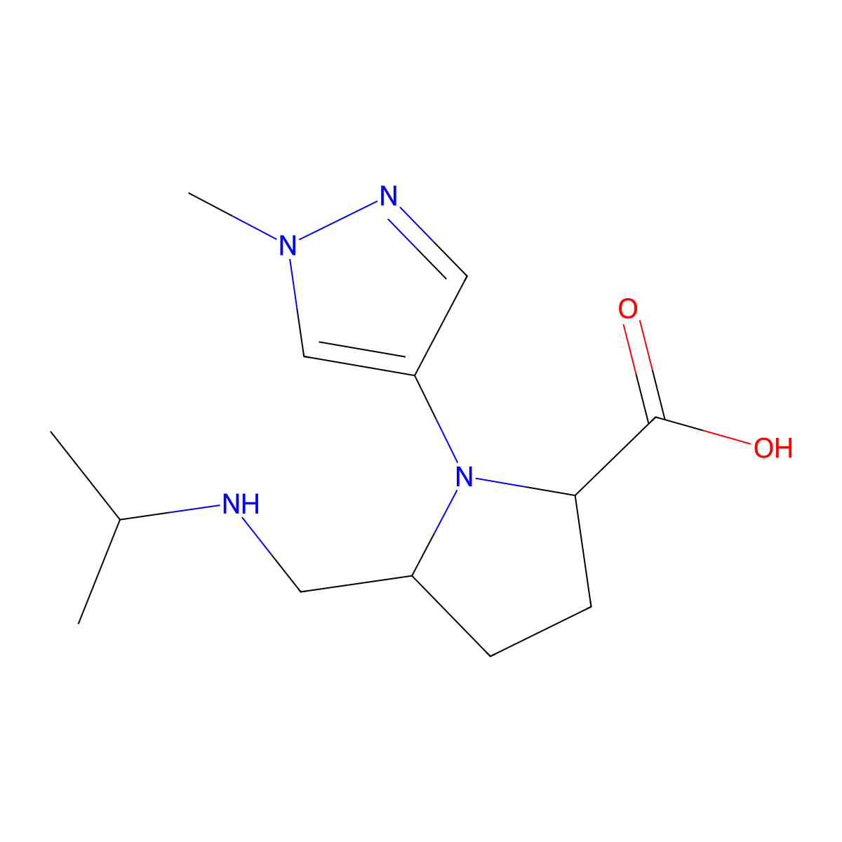 1-(1-Methyl-1H-pyrazol-4-yl)-5-{[(propan-2-yl)amino]methyl}pyrrolidine-2-carboxylic acid molecular structure, CAS 2059933-38-7