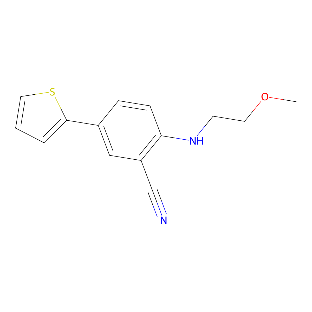 2-[(2-Methoxyethyl)amino]-5-(thiophen-2-yl)benzonitrile molecular structure, CAS 2059934-74-4