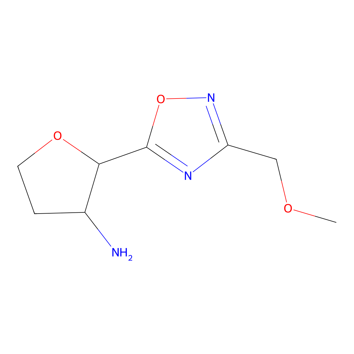 2-[3-(Methoxymethyl)-1,2,4-oxadiazol-5-yl]oxolan-3-amine molecular structure, CAS 2059934-82-4