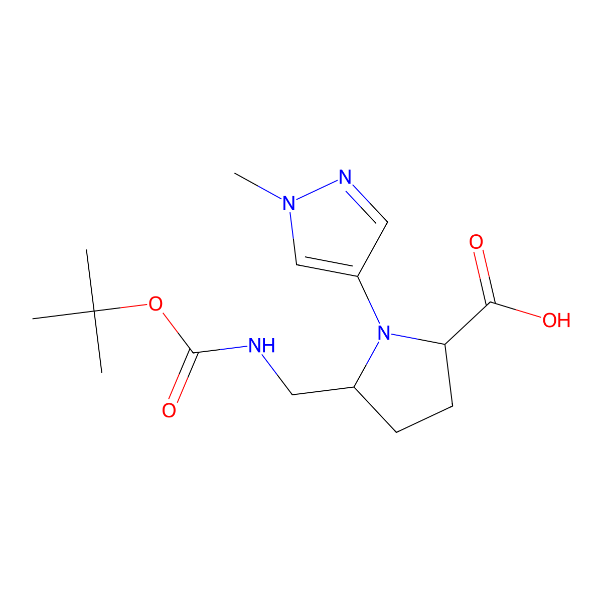 5-({[(tert-butoxy)carbonyl]amino}methyl)-1-(1-methyl-1H-pyrazol-4-yl)pyrrolidine-2-carboxylic acid molecular structure, CAS 2059935-34-9