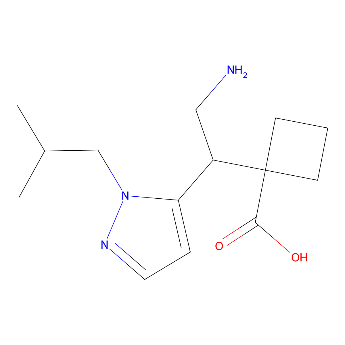 1-{2-amino-1-[1-(2-methylpropyl)-1H-pyrazol-5-yl]ethyl}cyclobutane-1-carboxylic acid molecular structure, CAS 2059936-58-0
