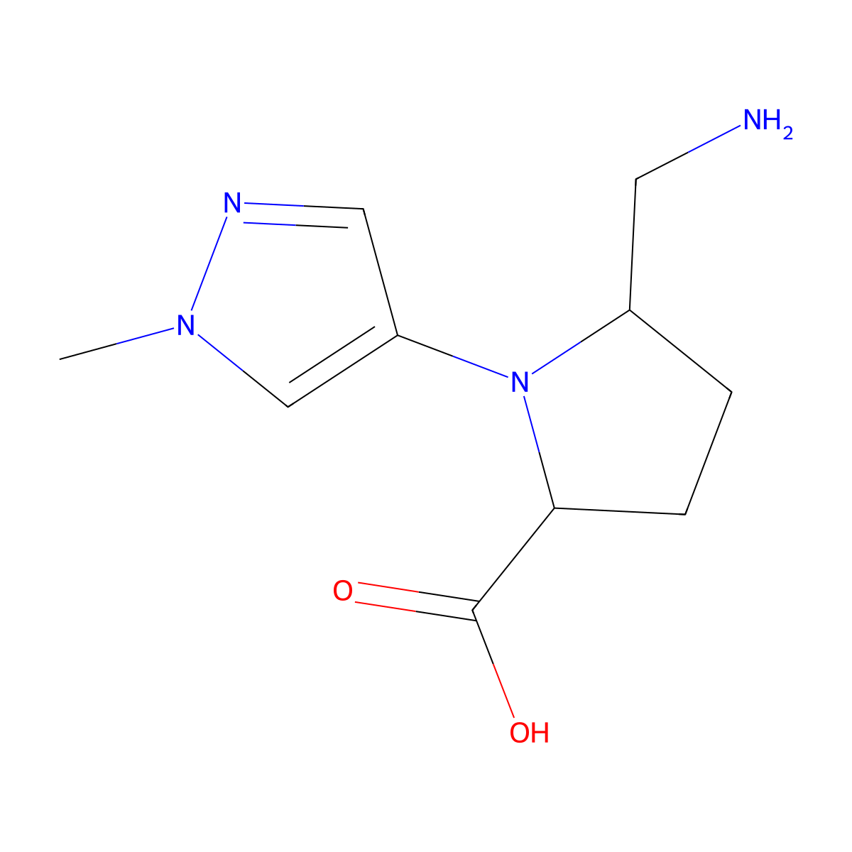 5-(Aminomethyl)-1-(1-methyl-1H-pyrazol-4-yl)pyrrolidine-2-carboxylic acid molecular structure, CAS 2059938-65-5