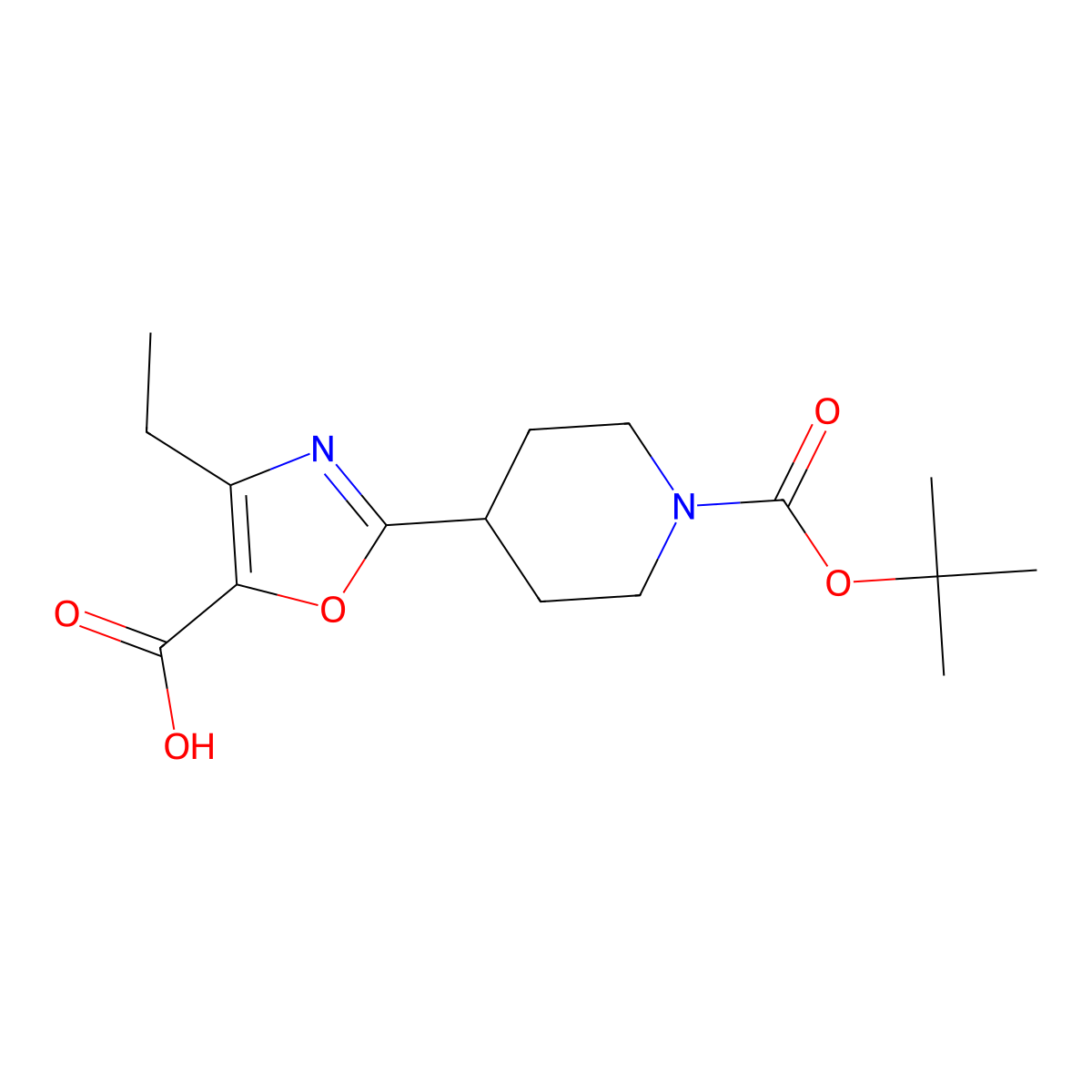 2-{1-[(Tert-butoxy)carbonyl]piperidin-4-yl}-4-ethyl-1,3-oxazole-5-carboxylic acid molecular structure, CAS 2059939-56-7
