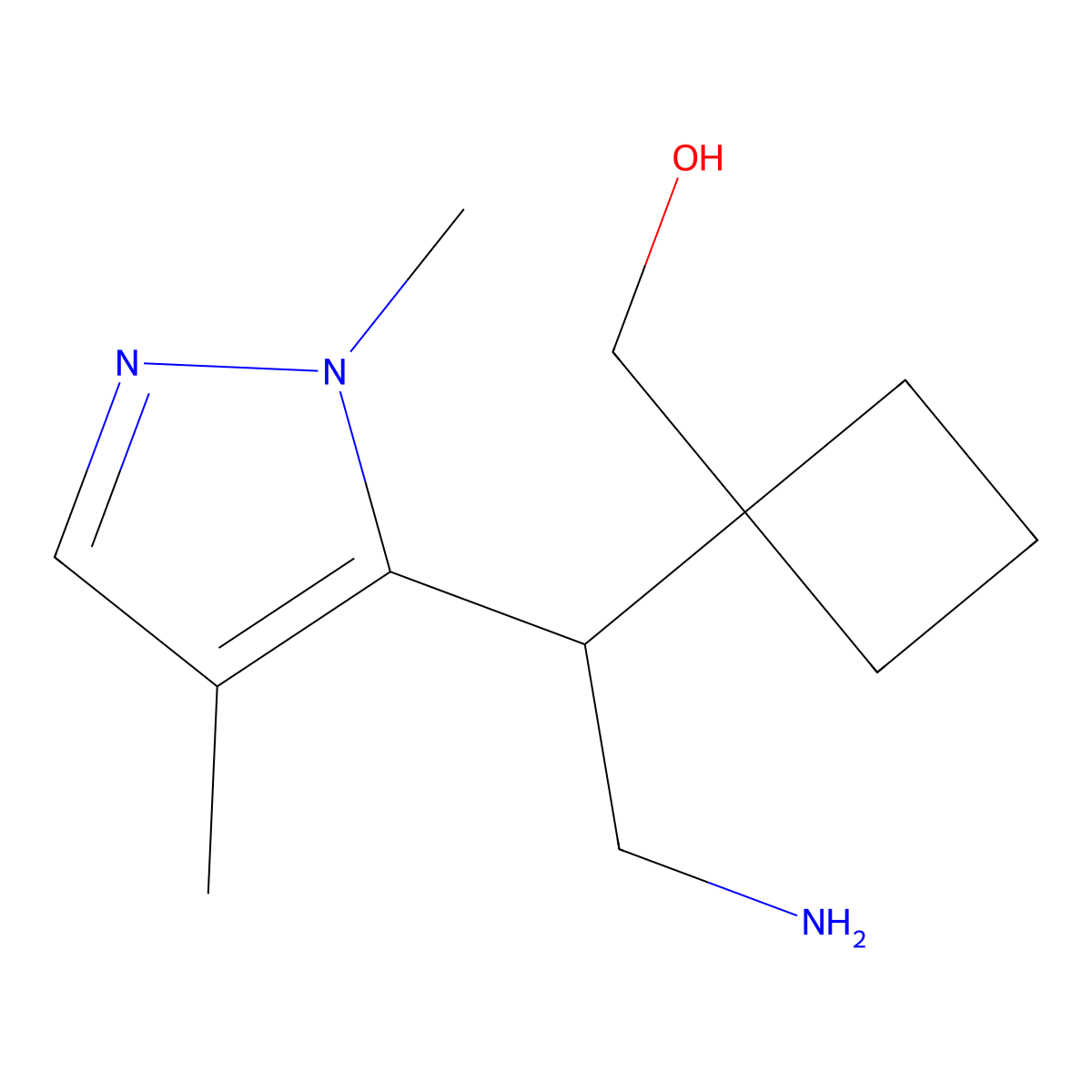 {1-[2-amino-1-(1,4-dimethyl-1H-pyrazol-5-yl)ethyl]cyclobutyl}methanol molecular structure, CAS 2059941-50-1