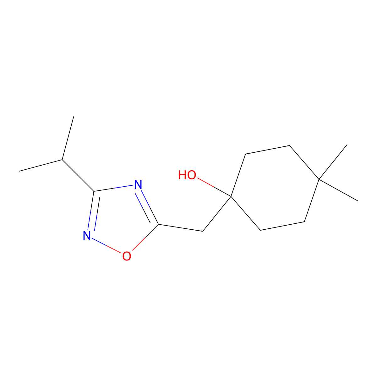 4,4-Dimethyl-1-{[3-(propan-2-yl)-1,2,4-oxadiazol-5-yl]methyl}cyclohexan-1-ol molecular structure, CAS 2059943-75-6