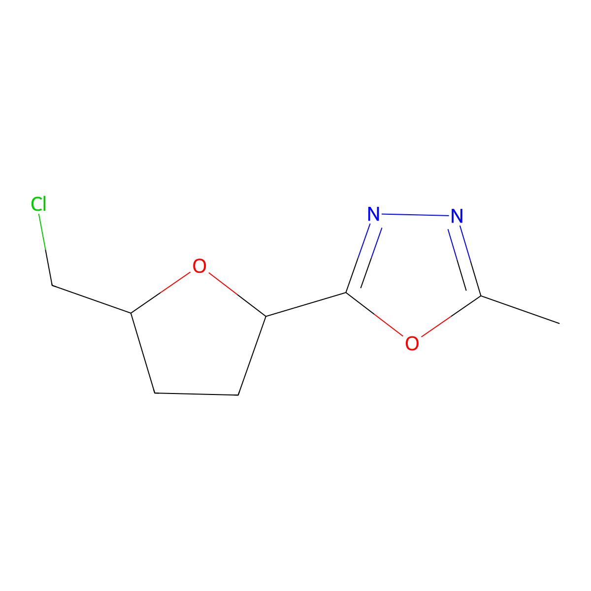 2-[5-(Chloromethyl)oxolan-2-yl]-5-methyl-1,3,4-oxadiazole molecular structure, CAS 2059944-19-1