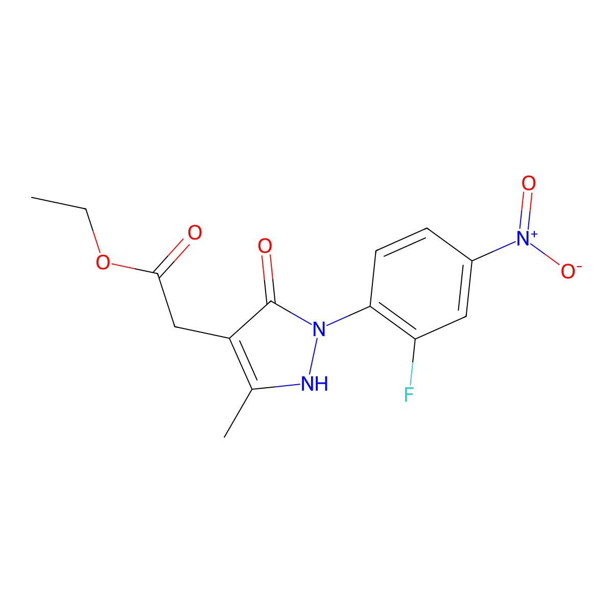 Ethyl 2-[2-(2-fluoro-4-nitrophenyl)-5-methyl-3-oxo-2,3-dihydro-1H-pyrazol-4-yl]acetate molecular structure, CAS 2059945-28-5