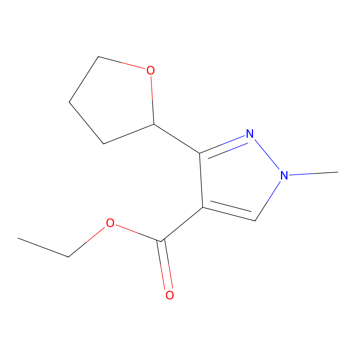 Ethyl 1-methyl-3-(oxolan-2-yl)-1H-pyrazole-4-carboxylate molecular structure, CAS 2059950-27-3