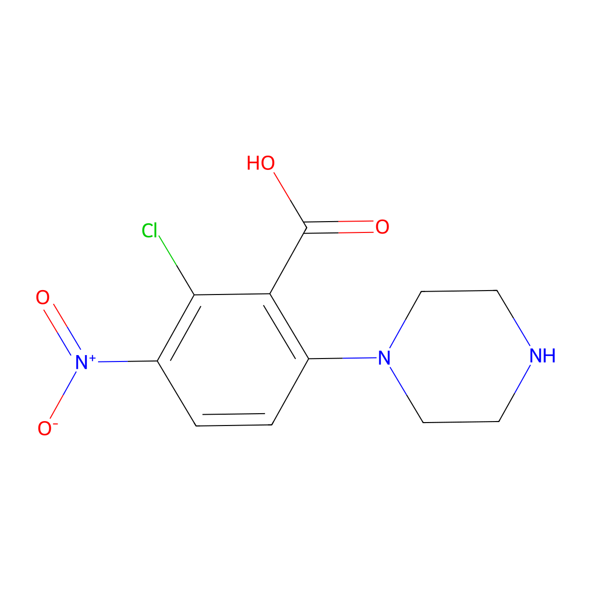 2-Chloro-3-nitro-6-(piperazin-1-yl)benzoic acid molecular structure, CAS 2059955-36-9